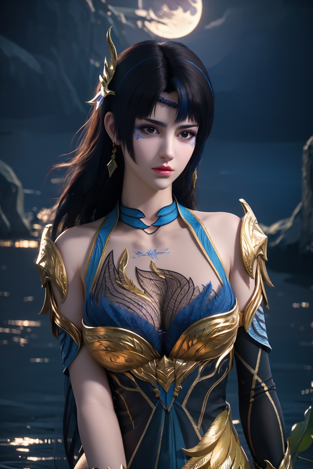 standing,flower,full_moon,moon,night,lily_pad,lotus,moonlight,water,night_sky,lily_\(flower\),sky,partially_submerged,1girl,solo,hair ornament,long hair,realistic,nail polish,photo_\(medium\),(medium breasts, cleavage),makeup,(8k, RAW photo, best quality, masterpiece:1.2),(realistic, photorealistic:1.3),ultra-detailed,extremely detailed cg 8k wallpaper,(crystalstexture skin:1.2),extremely delicate and beautiful,(sexy pose:1.2),wearing edgHL,see-through,thighhighs,sexy lingerie,(medium breasts:1.2),silk,thin transparent silk,torn pantyhose,facial mark,