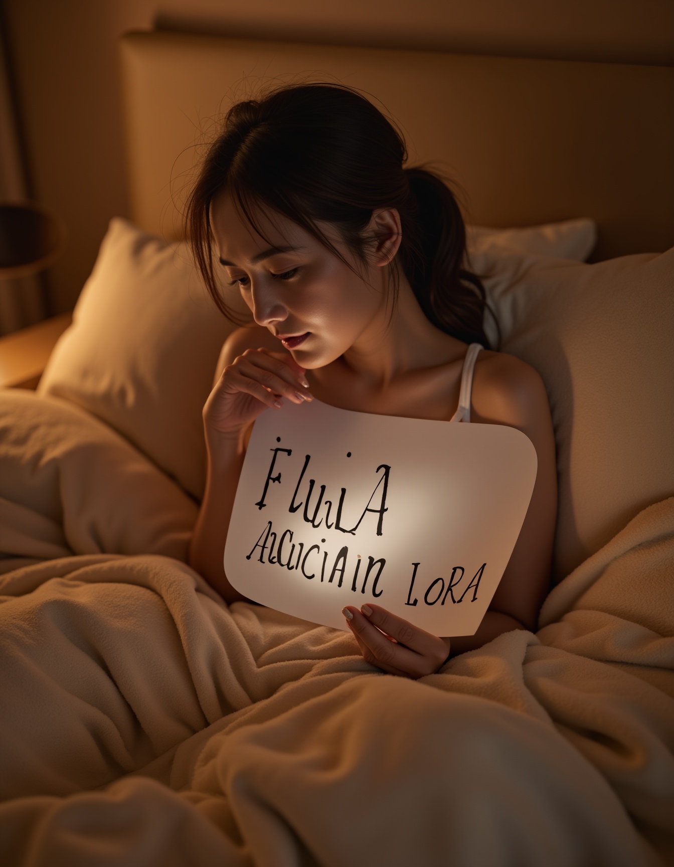 A woman sitting comfortably on a cozy bed,  holding a piece of paper printed "FLUX ASIAN LORA" in bold and hand draw style...