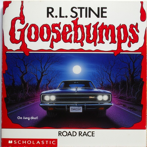 a cover of a vintage horror novel titled "R.L. Stine Goosebumps: Road Race". featuring a dark,  spooky illustration of a 1...