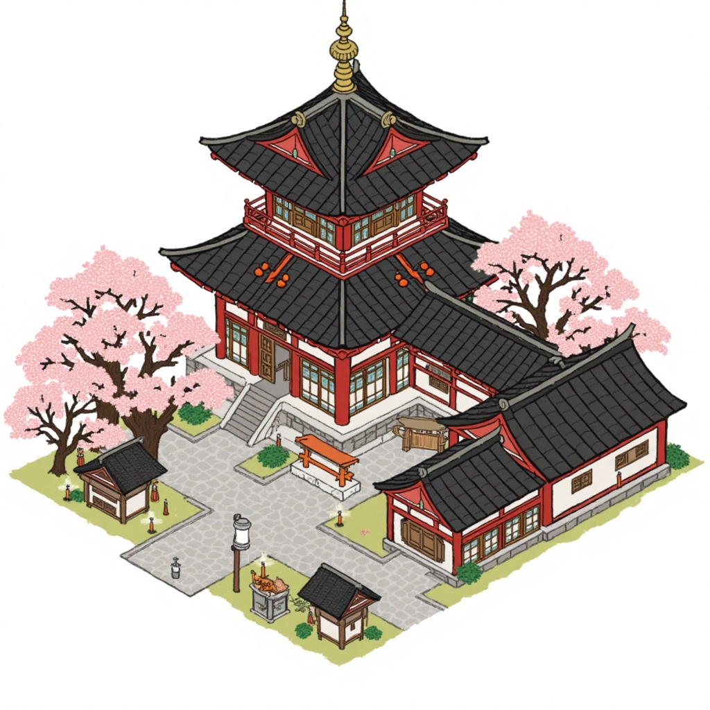 This is a detailed, isometric digital drawing of a traditional Japanese temple complex. The central structure features a pagoda with black tiled roofs and red accents, surrounded by cherry blossom trees. The courtyard includes wooden buildings with lanterns, a stone path, and a small shrine. The style is reminiscent of a Japanese anime or manga illustration.