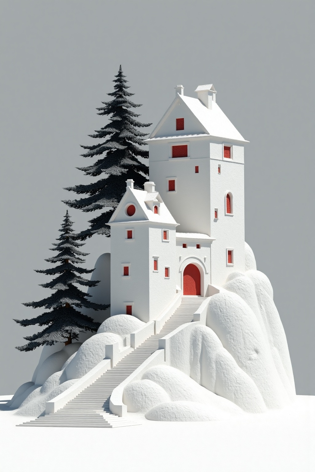 beijihui,a small model of a white castle-**** structure,adorned with red doors and red windows. The castle is situated on a snow-covered mountain,with a staircase leading up to the top of the castle. To the left,a tall pine tree stands,adding a touch of warmth to the scene. In the background,two tall evergreen trees dotting the landscape. The sky is a muted gray,a stark white,and the entire scene is stark.,
