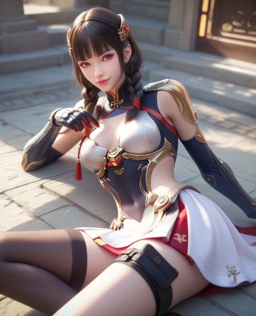 (oriental architecture, elegant decor, sophisticated style:1.1),(Lying down with one arm extended overhead:1.1),(breasts:1.2),<lora:XL16穿越火线乔月:0.95>,miss qiaoyue,kevlar-orange boobplate,brown eyes,blunt bangs,black hair,front braided twin pigtails,hair ornament,pauldrons,arm guards,kevlar-orange abdomen armor panel,asymmetrical thighhighs with volt-orange and black,thigh holster,thigh strap,high heels,white overskirt,, score_9,score_8_up,score_7_up,score_6_up,score_5_up,score_4_up,3d rendering,tag1,tag2, Cinematic Lighting,backlighting,, zPDXL3, zPDXL2,zPDXL, zPDXLxxx, zPDXLrl,