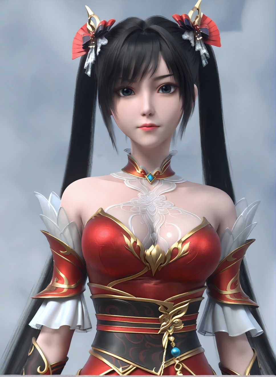 fair_skin,white_skin,Ivory_skin,score_9,<lora:SF_ChuYu_Pony_Realism-000003:0.72>,hair ornament,red dress,black hair,1girl,breasts,large breasts,standing,twintails,solo,looking at viewer,simple background,