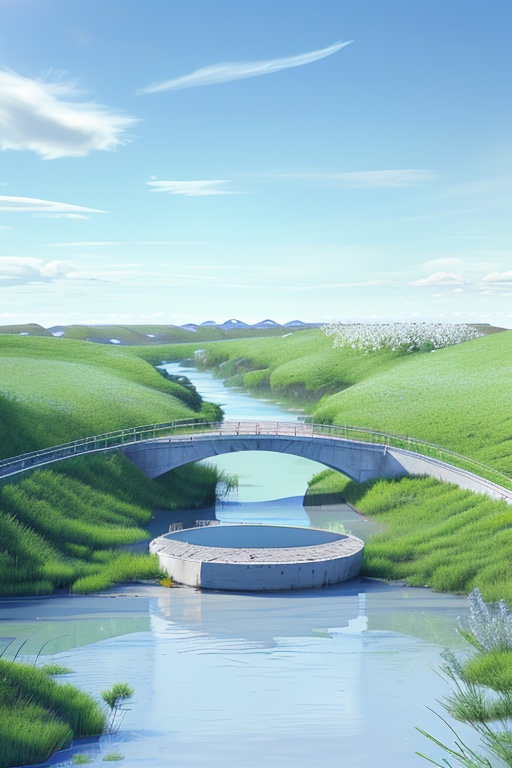 pd_3dcaodi, spring, nature, river, bridge, no humans, landscape, outdoor, blue sky, white clouds, prairie, water, rich details,<lora:PD_3Dcaodi_V1-000014:0.7>,
