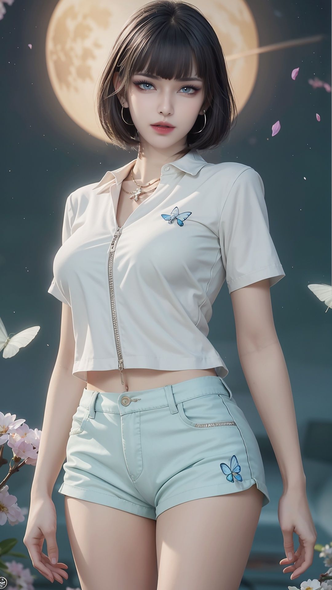 <lora:JQ_20240422194842-000008:0.55>,JQ,1girl,solo,black hair,short hair,looking at viewer,bangs,glowing,bob cut,(green eyes:1.1),blunt bangs,closed mouth,realistic,aqua eyes,portrait,eyeshadow,eyelashes,blurry,1girl,jewelry,shorts,black hair,solo,necklace,moon,blue eyes,short hair,shirt,butterfly,looking at viewer,navel,white shirt,night,bug,white shorts,breasts,short shorts,night sky,earrings,bangs,cherry blossoms,red lips,midriff,short sleeves,sky,full moon,bob cut,collared shirt,water,outdoors,lips,standing,blunt bangs,midriff peek,star (sky),arms at sides,medium breasts,cowboy shot,thighs,makeup,Large breast,(Giant breasts:1.3),sexy,seduce,naked,(fullbody,Long distance shot),cinematic lighting,glowing point,<lora:HDR:0.5>,<lora:MHB:0.3>,