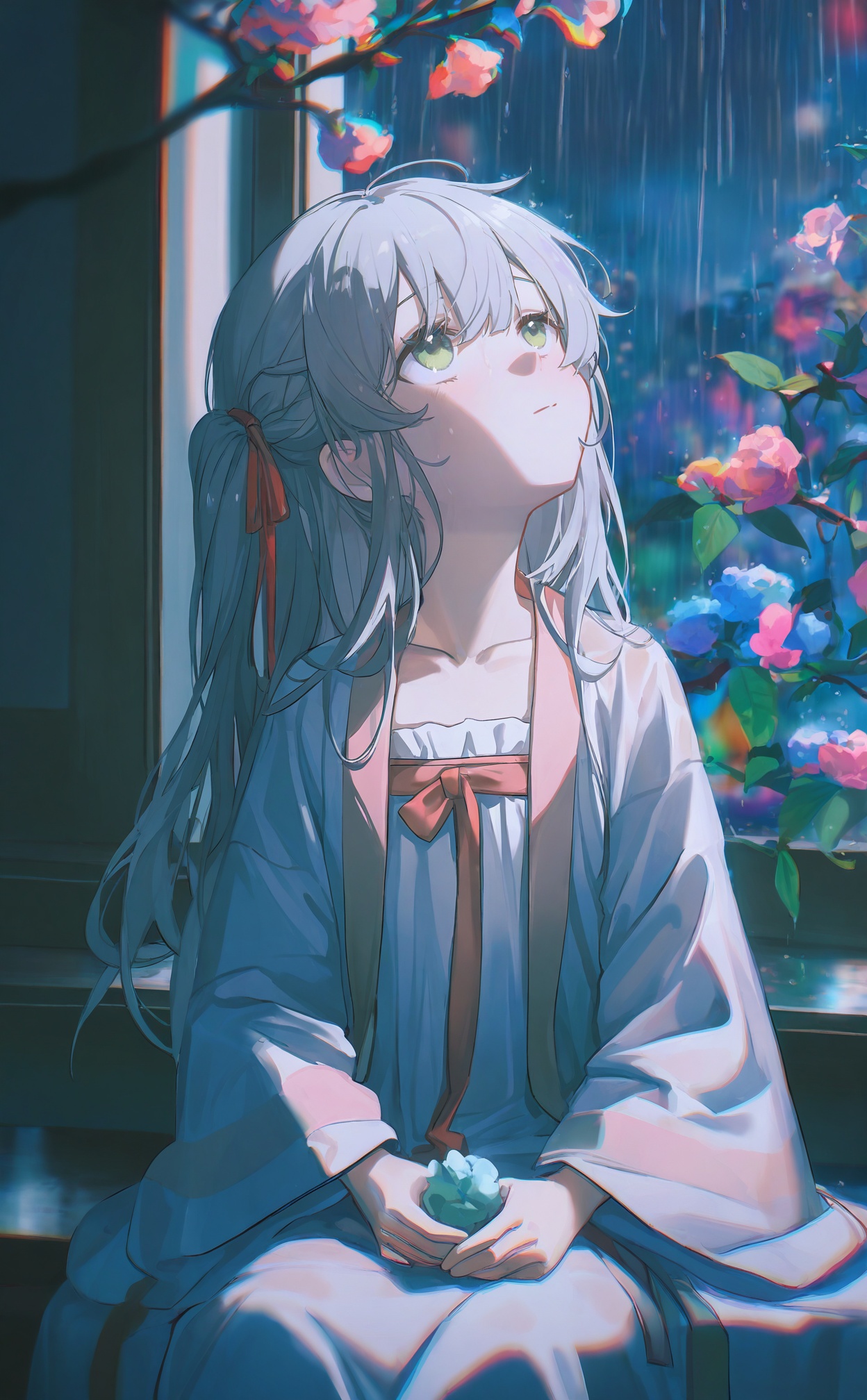 masterpiece,highres,absurdres,newest,best quality,high quality,loli,petite,chromatic_aberration,//,illustration,ultra detailed,hdr,Depth of field,(colorful),hanfu,1girl,loli,solo,green eyes,chinese clothes,rain,flower,window,night,wide sleeves,ribbon,long sleeves,grey hair,long hair,hair ribbon,indoors,branch,collarbone,looking up,holding,sitting,closed mouth//,<lora:konya_karasue2——【noob】hans:0.8>,