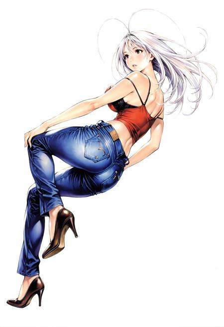 <lora:add-detail-xl:1>,masterpiece,best quality,absurdres,highres,detailed eyes,beautiful,detailed background,perfect eyes,realistic,solo,1girl,simple background,full body,white background,dynamic pose,from behind, <lora:Maya_Natsume:1>,antenna hair,breasts,large breasts,high heels,strap slip,brown eyes,pants,shoes,bra,long hair,underwear,midriff,camisole,white hair,bare shoulders,lingerie,black bra,denim,crop top,jeans,