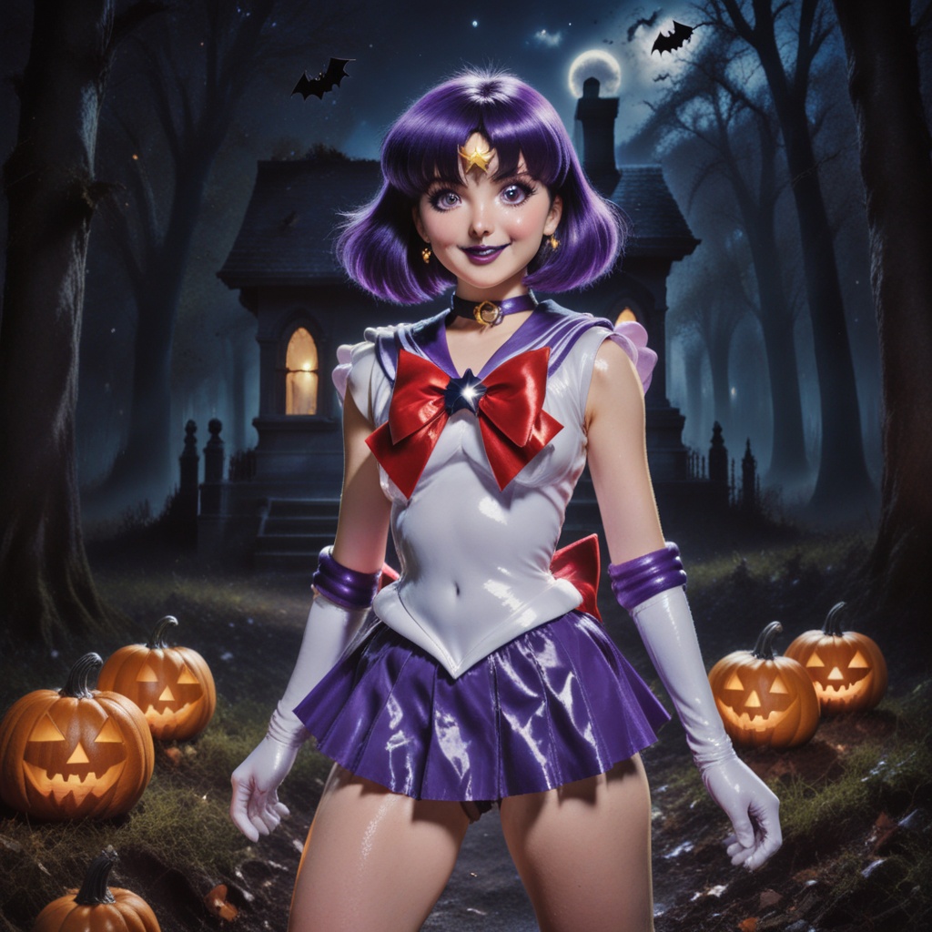 shiny wet-look latex outfit,  a stunning shot of a sailor saturn walking with shiny purple hair and bangs. purple eyes,  b...