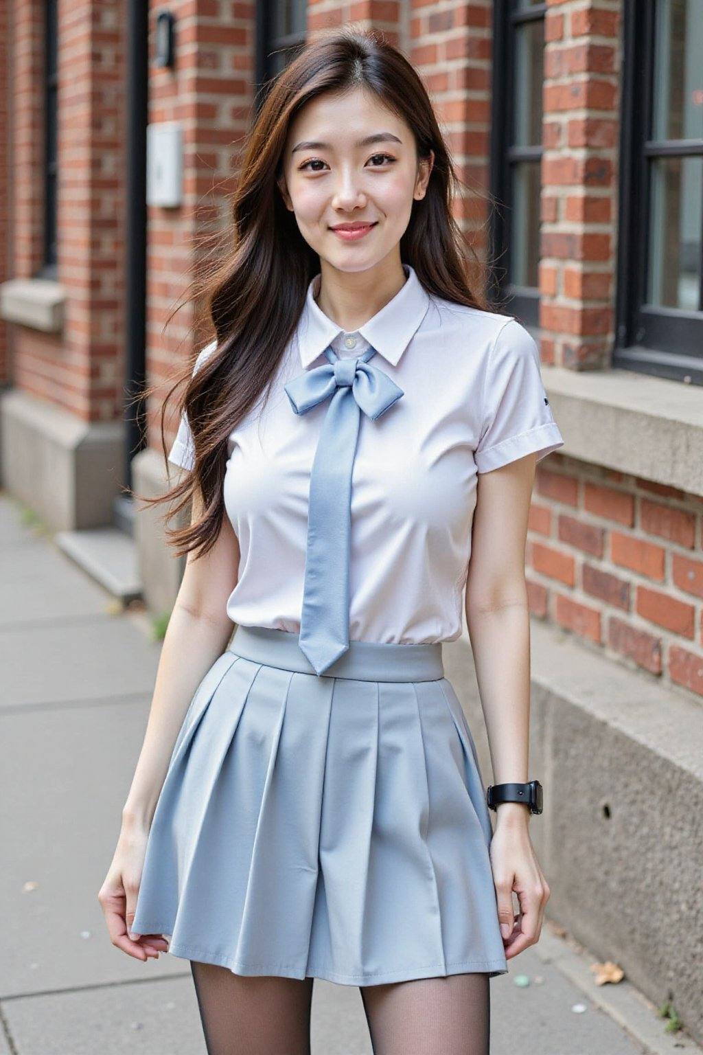 A young woman stands outdoors near a brick building with windows. She wears a white short-sleeved collared shirt paired wi...