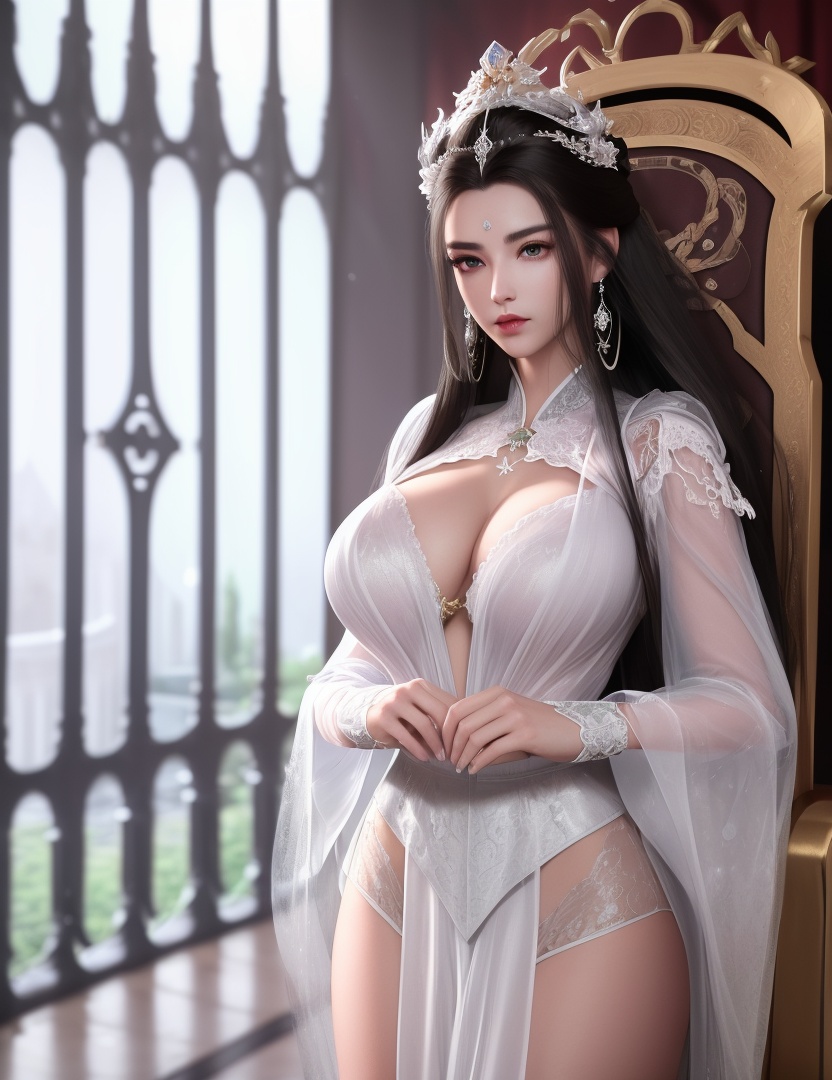 ultra realistic 8k cg, picture-perfect face, flawless, clean, masterpiece, professional artwork, famous artwork, cinematic lighting, cinematic bloom, perfect face, beautiful face, beautiful eyes, ((perfect female body, narrow waist)),gorgeous queen, royal, divine, goddess, godlike, (royal palace), fantasy, dreamlike, unreal, science fiction, huge breasts, beautiful clothes, lace, lace trim, lace-trimmed legwear, absurdly long hair, very long hair, (rich:1.4), prestige, luxury, jewelry, diamond, gold, pearl, gem, sapphire, ruby, emerald, intricate detail, delicate pattern, charming, alluring, seductive, erotic, enchanting, hair ornament, necklace, earrings, bracelet, armlet,(((((1girl, pov, absurdres, highres, harem outfit, throne room, ))))) , (1girl, fur trim, solo, fur collar, earrings, see-through sleeves, looking_at_viewer, hanfu)<lora:DA_YueYao:0.6>