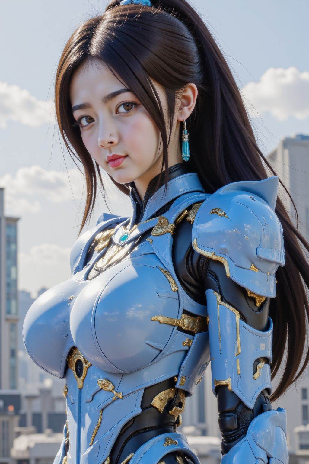 The image depicts a character wearing futuristic armor that is predominantly light blue with gold accents. The armor covers the upper body, including the shoulders, chest, and arms, and is designed to provide both protection and a sleek aesthetic. The character has long, dark hair tied back, and is adorned with matching blue earrings. The background shows an urban setting with modern buildings and a clear sky, suggesting the character is standing on a rooftop or an elevated platform.thin,slim