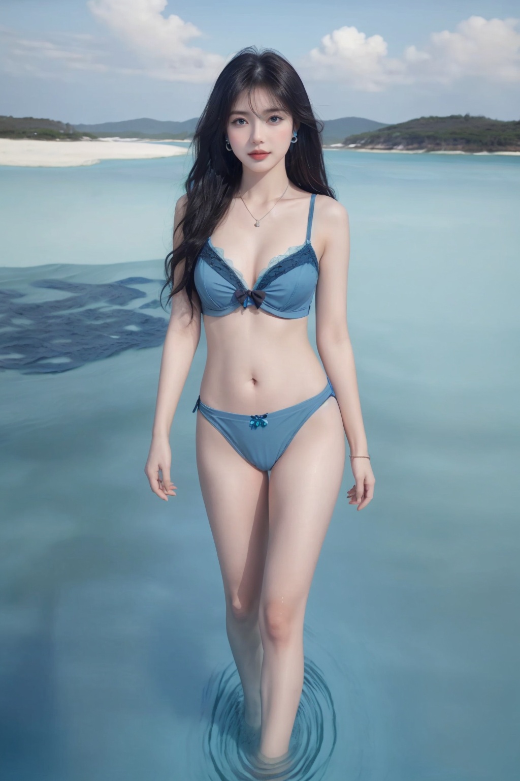 1girl, babydoll, breasts, brown hair, cleavage, collarbone, cowboy shot, earrings, hair ornament, jewelry, lingerie, lips, long hair, looking at viewer, makeup, navel, navel piercing, necklace, panties, parted lips, ribbon, see-through, solo, standing, underwear, very long hair,beach, blue sky, boat, caustics, cloud, cloudy sky, pool, poolside, river, sand, scenery, seagull, shore, sky, soaking feet, standing on liquid, wading, walking on liquid, water, watercraft, waves,(Pure blue sea:2)<lora:比基尼:0.66>