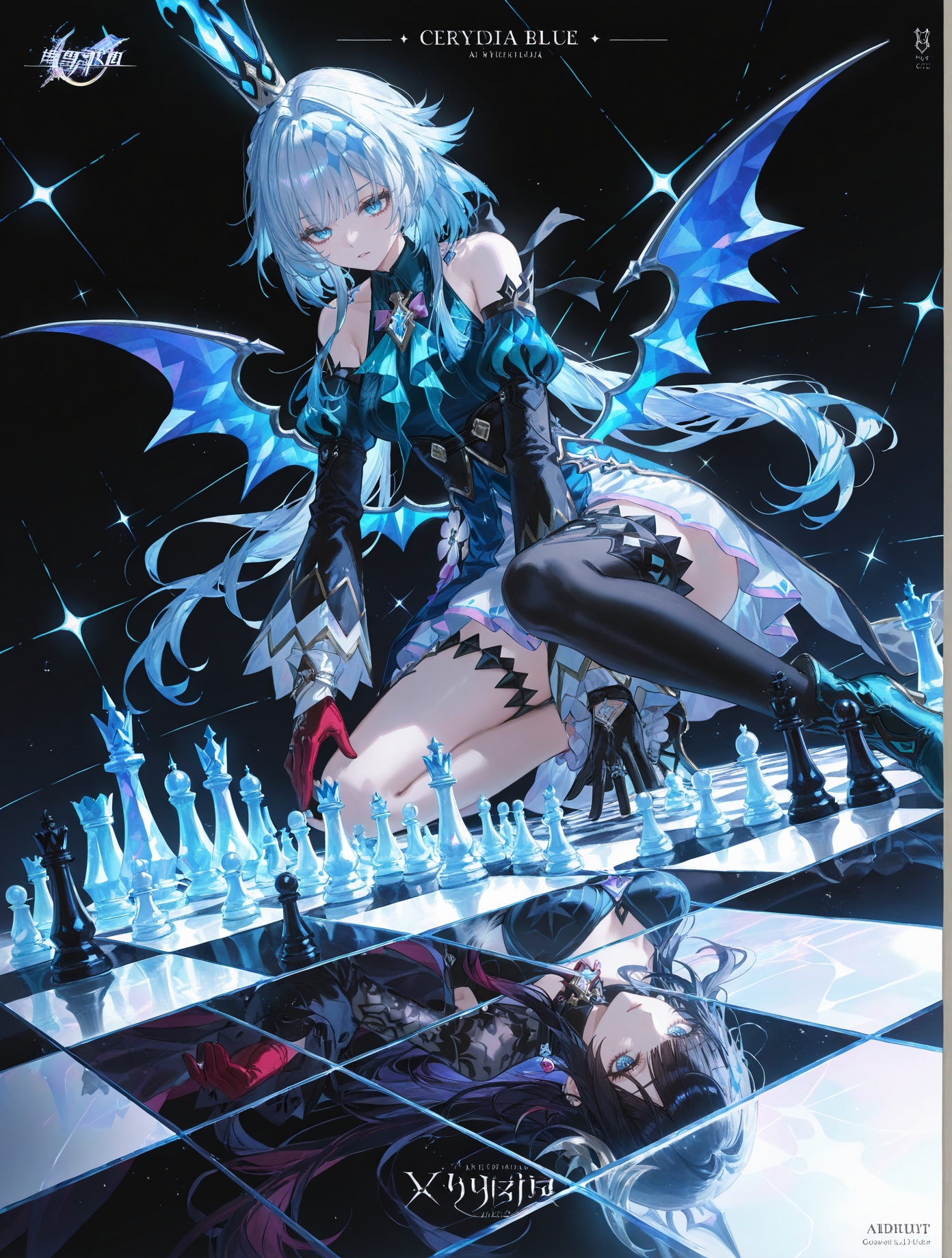 8k,best quality,masterpiece,(ultra-detailed),(high detailed skin),artist:john kafka,(artist:wanke:0.9),artist:fuzichoco,artist:quasarcake,(artist:nixeu:0.8),simple_black_background,black and white theme,Sense of coordination,sense of order,mathematics beauty,(((cover design))),(((((cover art))))),((trim)),album_art,official art,(Master's work),chessboard,chess,white geometry,black geometry,reflection,crystal_art,pattern_design,creative,Mystery pattern,black crystal decorate,black crystal,(architectural art),((geometric art)),pattern design,creative,<lora:Cerydra-Hysilens-ill-Tanger:0.8>,2girls,Hysilens and Cerydra BREAK(Cerydra \(Honkai: Star Rail\),clothes: Cerydradef blue-and-black dress,Cerydradef crown,Cerydradef  blue low wings,1girl,blue hair,Cerydradef detached sleeves,blue eyes,multicolored hair,Cerydradef single black thighhigh,single right thighhigh,left thigh strap:1.1) BREAKHysilens \(Honkai: Star Rail\),silver face scale,1girl,long hair,blue eyes,black hair,Hysilensdef hair ornament,bangs,breasts,clothes: Hysilensdef white-and-black dress,Hysilensdef thighhighs,Hysilensdef mismatched gloves,long sleeves,black left glove,red right glove BREAK
