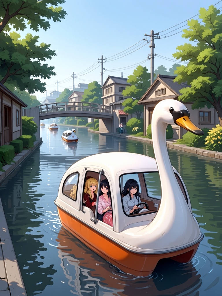swan watercraft,  steering wheel,  multiple girls on Tensor.Art