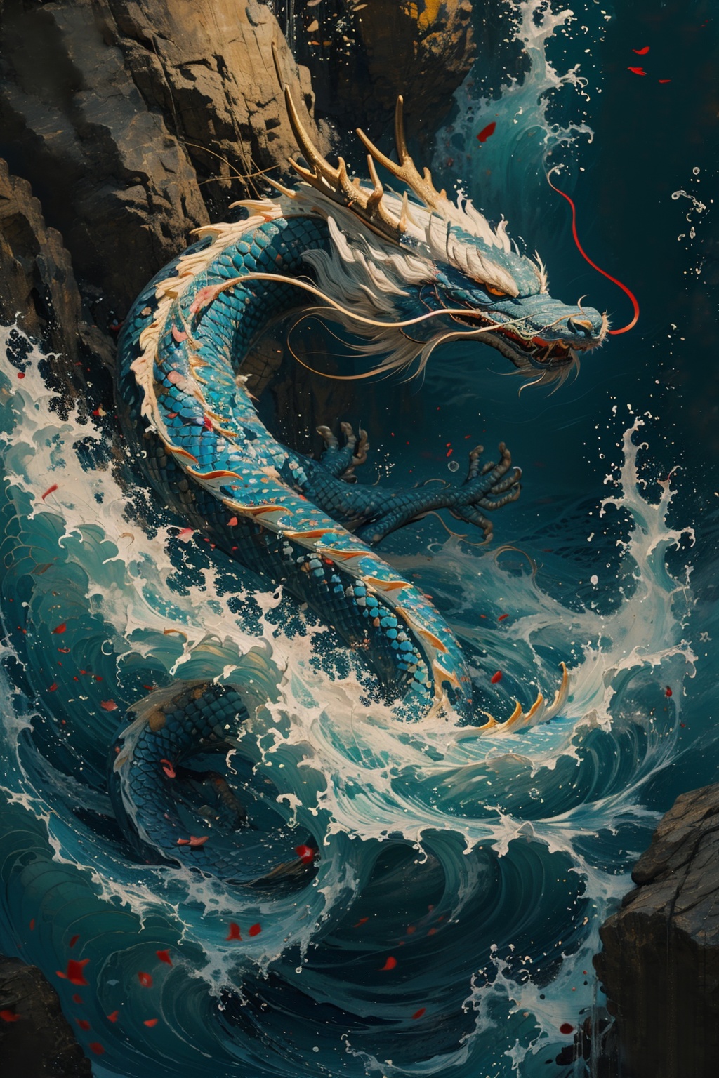 sdmai, guofenglong, no humans, dragon, scales, waves, water, horns, eastern dragon <lora:国风龙sdmai,guofenglong:1>