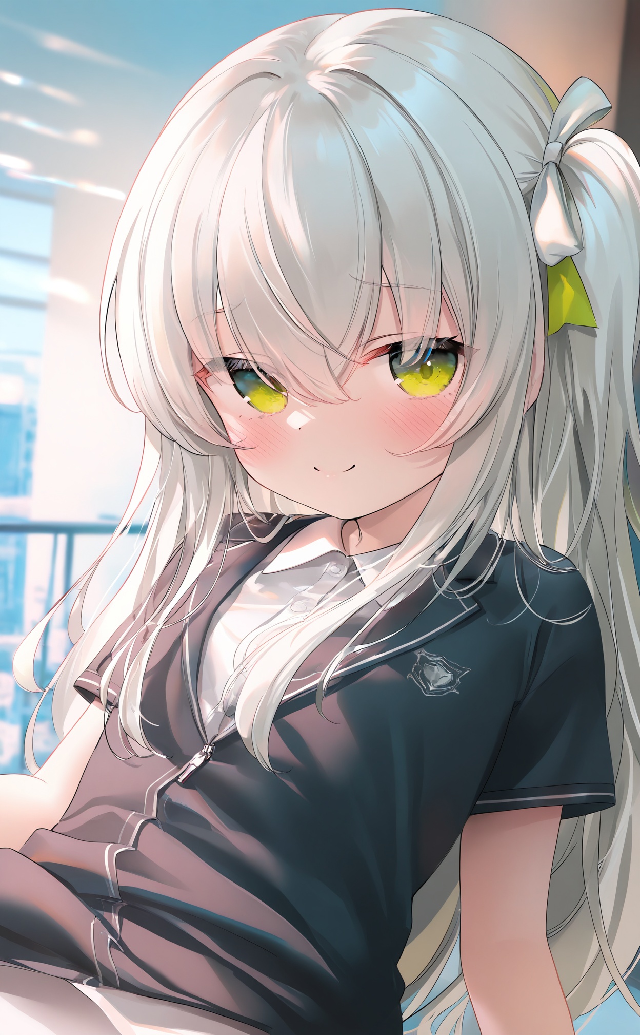 masterpiece,very aware,highres,absurdres,newest,best quality,loli,petite,high quality,chromatic_aberration,cinematic_angle,dutch angle,Light Blue Theme,//,1girl, solo, bow, green_eyes, smile, green_bow, hair_bow, white_bow, closed_mouth, shirt, long_hair, hair_between_eyes, white_shirt, looking_at_viewer, white_hair, black_jacket, short_sleeves, blush, jacket, collared_shirt, upper_body, one_side_up, railing, window, grey_hair//,//,official art,depth of field,detailed light,blurry background,best shadow,shiny skin,cinematic lighting,ray tracing,amazing quality,very aesthetic,absurdres,beast quality,ultra detailed,newest,8K,HDR,//,<lora:guizhencao——【noob】hans:0.88>,