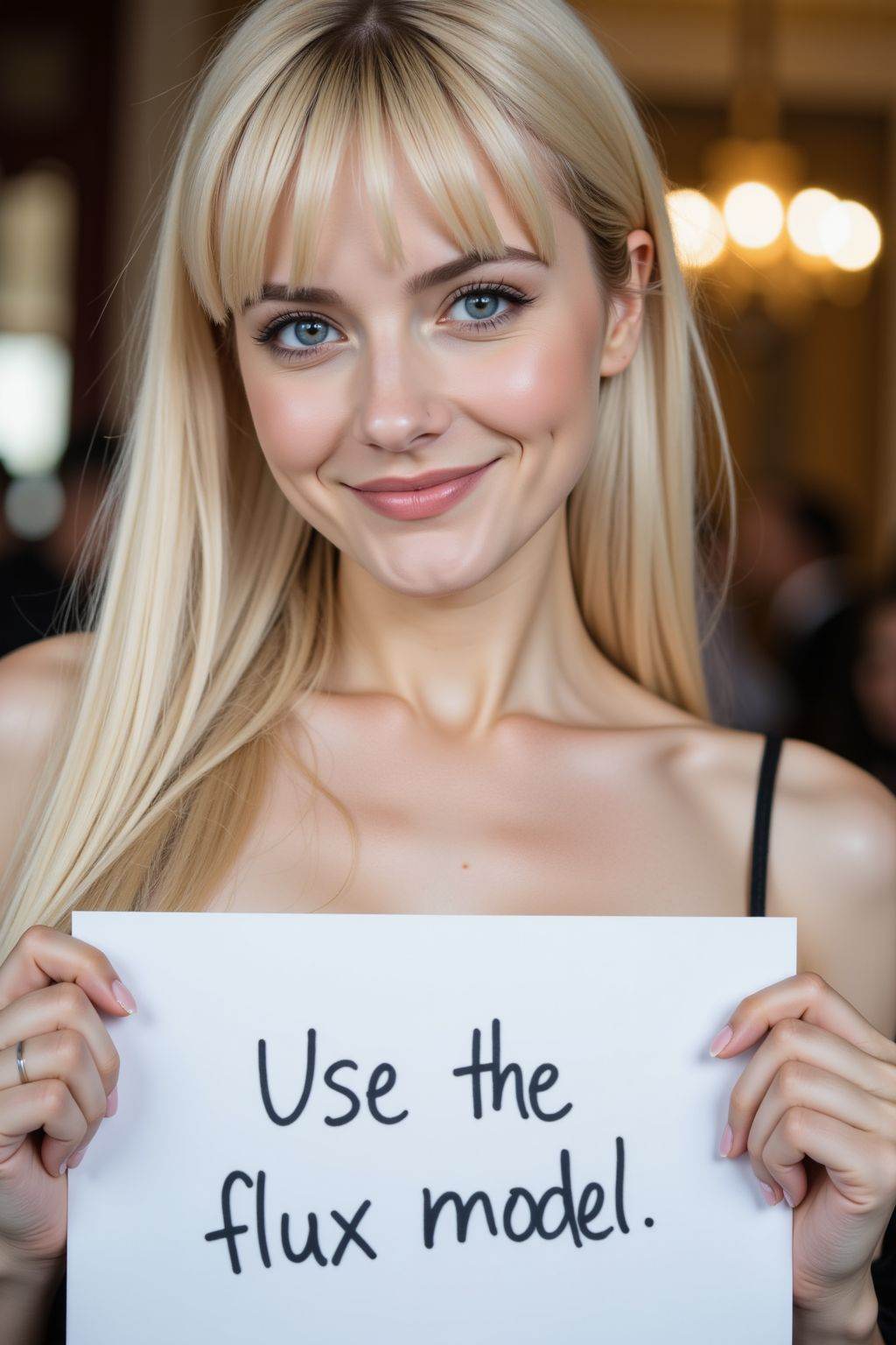 instagram photo, closeup face photo of 20 y.o, blue eyes, pale skin, smirk, blonde long straight hair, elegant dress, holding a sign with text "Use the flux model",