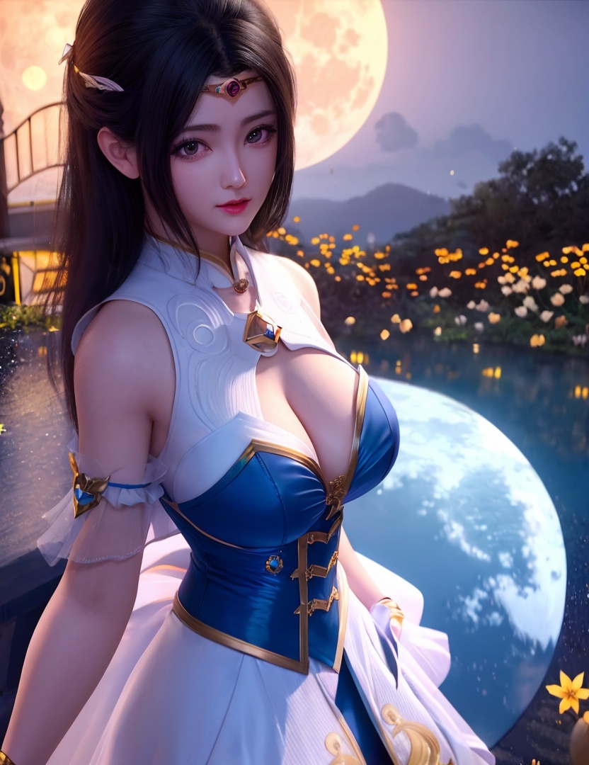 <lora:524-DA-大主宰-苏宣儿:0.8>(,1girl, ,best quality, ),looking at viewer,  ,ultra detailed background,ultra detailed background,ultra realistic 8k cg,, ,masterpiece, (( , )),, ,   ,   cure blossom, full moon,night,night sky,  (cleavage), (), ,,