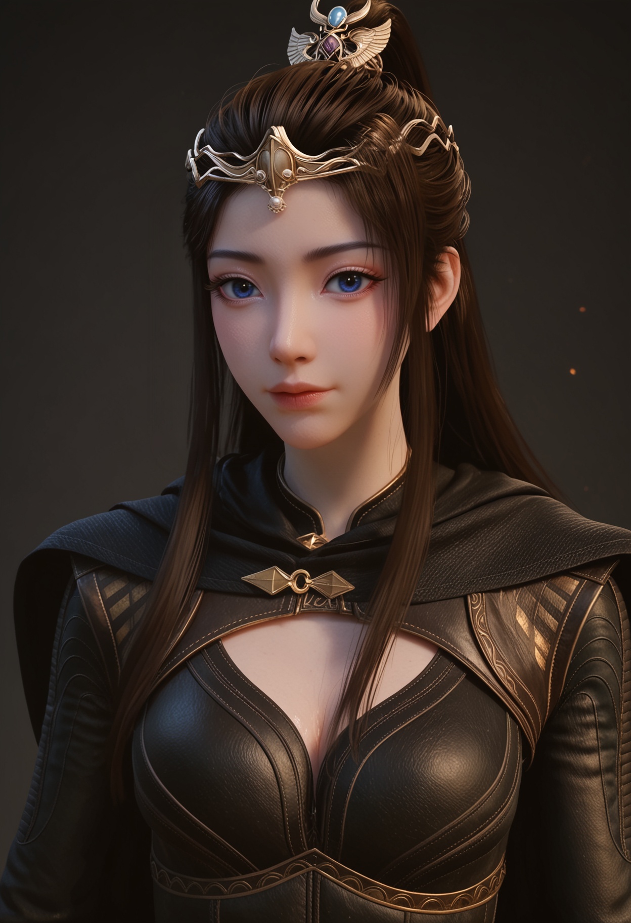 (upper_body:1.2),score_9,score_8_up,masterpiece,(best quality),intricate details,facing viewer,(looking at viewer:1.1),<lora:YQ_pony_yuanyao_heiyi_V4:0.8>,q1528437228,1girl,solo,long hair,blue eyes,brown hair,black hair,ponytail,hair ornament,dress,cape,long sleeves,tiara,black dress,circlet,belt,black cape,brown eyes,hair bun,boots,BREAK(score_9:1.2),(score_8_up:1.2),masterpiece,best quality,very aesthetic,perfect anatomy,(hourglass),perfect face,(simple background,pure black background,black background:1.1),fair_skin,(shiny_skin:1.1),Ivory_skin,