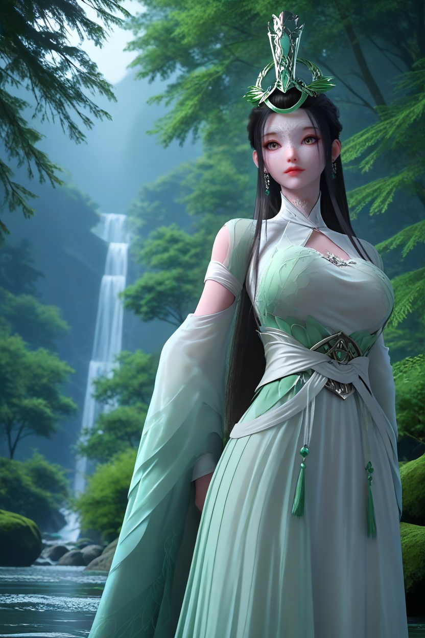 (Standing on a mountaintop, she spreads her arms wide, embracing the majesty of nature around her:1.2),<lora:XL16神国之上陆嫁嫁:1.05>,miss lujiajia,mint green chinese clothes of sheer chiffon,brown eyes,black hair,single hair bun with long front strands,very long hair,hair ornament,jewelry,sash,wide flowing sleeves,(large breasts:1.2),domino mask,bamboo forest,water,river,stone,, score_9,score_8_up,score_7_up,score_6_up,score_5_up,score_4_up,3d rendering,tag1,tag2, Cinematic Lighting,backlighting,