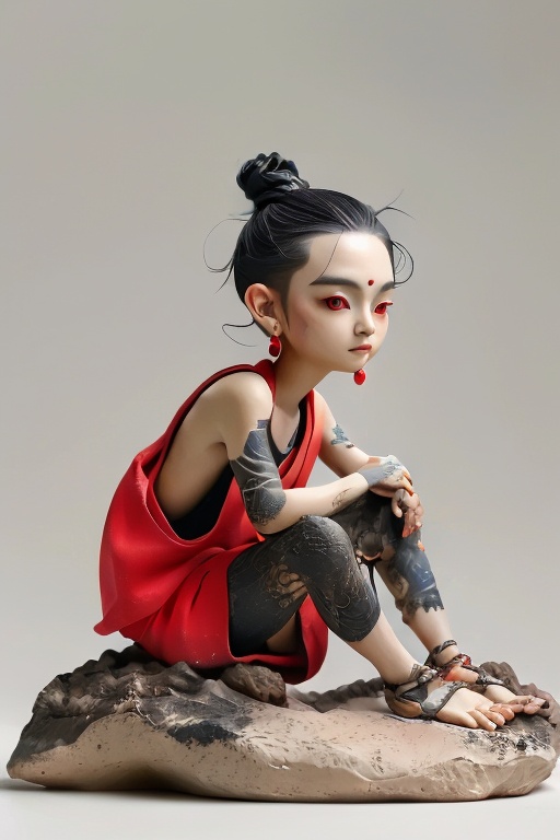 <lora:niantu-000007:0.9>,HDR,UHD,8K,Highly detailed,best quality,masterpiece,huayan,niantu,solo,jewelry,tattoo,black hair,earrings,sitting,red eyes,barefoot,1girl,looking at viewer,hair bun,forehead mark,rock,single hair bun,full body,grey background,child,**** top,makeup,forehead,red shirt,arm tattoo,anklet,toeless legwear,on ground,sleeveless,