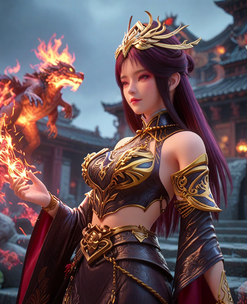 (oriental architecture, elegant decor, sophisticated style:1.1),(Elemental Control, Hands extended, showcasing control over fire, ice, or other elements,:1.1),(breasts:1.2),<lora:XL百炼成神毒血夫人:0.95>,miss duxuefuren,hair ornament,long hair,purple hair,breastplate,skirt,pink eyes,jewelry,teeth,bare shoulders,breasts,detached sleeves,necklace,, zPDXL2, score_9, score_8_up, score_7_up BREAK realistic, masterpiece,best quality, highly detailed,, zPDXL3, zPDXL2,zPDXL, zPDXLxxx, zPDXLrl,