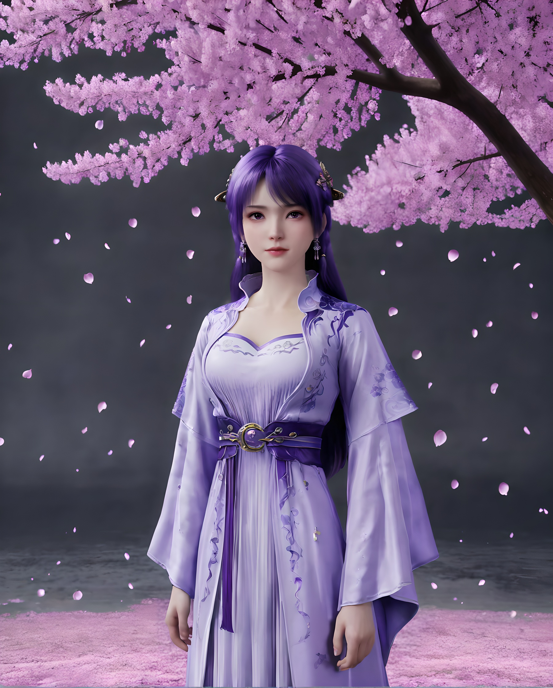<lora:SF_JiZiYueSecondClothes_Pony_Realism-000003:0.7>,1girl,solo,flower,bangs,purple dress,purple clothes,hair ornament,standing,looking at viewer,branch,purple hair,long hair,white background,falling petals,arms at sides,