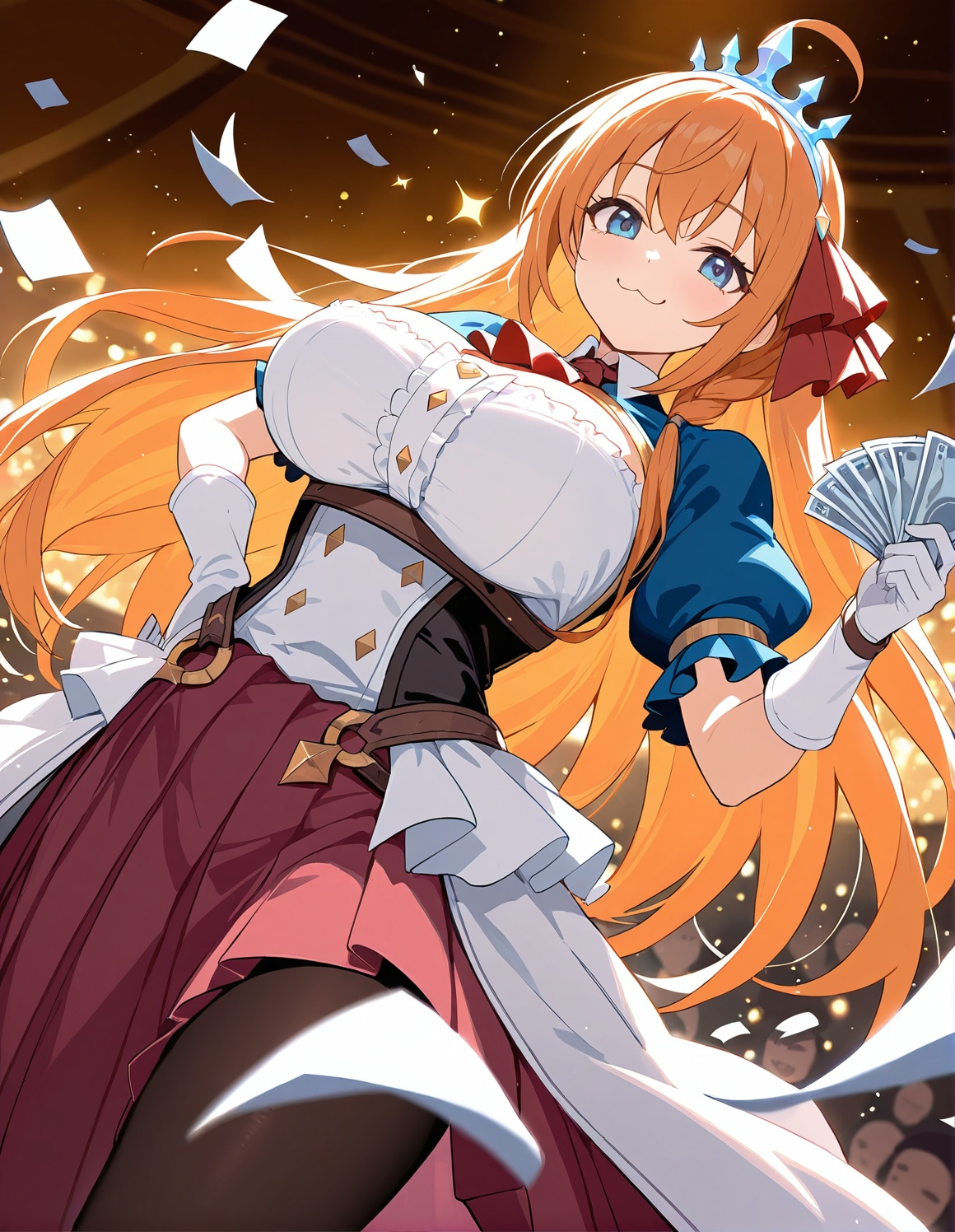 masterpiece,high score,great score,absurdres,1girl, solo, cute, pecorine \(princess connect!\), long hair, orange hair, ahoge, blue eyes, large breasts, close-up, dynamic angle, smug face, :3, (drooling:0.6), ("I AM PRINCESS":1.2) printed shirt, pleated long skirt, pantyhose, holding bills, hand on own hip, floating, scattered bills, gambling, crowd, light particles, sparkles, depth of field, masterpiece, best quality, masterpiece, best quality