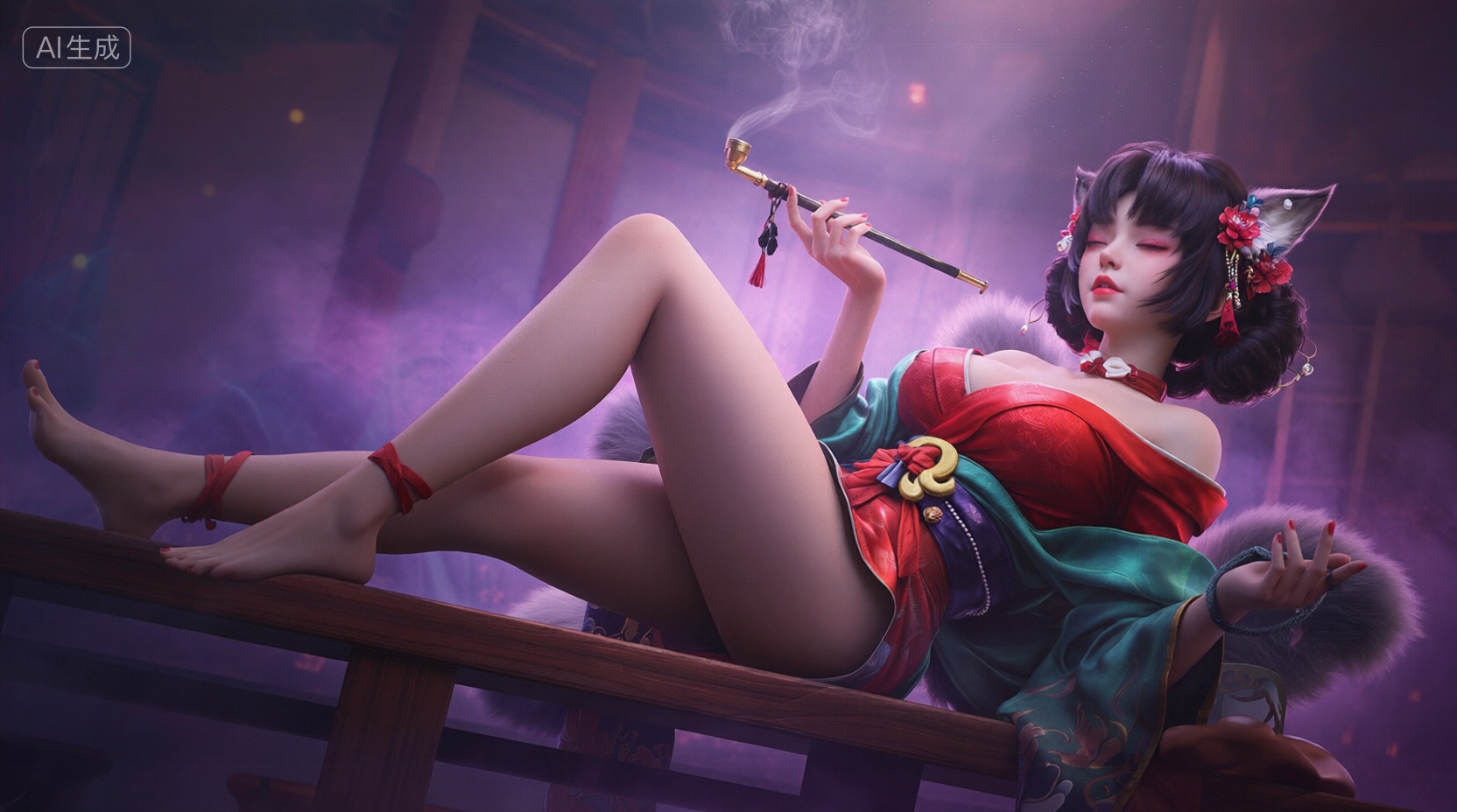3D风格化角色,一个亚洲狐耳少女慵懒地斜躺在木质栏杆上,背景是朦胧的紫色烟雾缭绕的室内空间,她身着红色露肩短款和服,绿色外袍滑落肩头,露出光滑的大腿,脚踝缠绕红色布带,脚趾自然舒展,特写视角从低角度仰视,她半闭双眼,嘴角微扬,手中长烟斗升起袅袅青烟,狐耳装饰精致花朵和珠串,高精度雕刻模型,狐耳少女,PBR材质渲染,戏剧性体积光,浅景深虚化背景,丝绸和服纹理,次表面散射皮肤,烟雾模拟,电影感霓虹调色,Octane渲染器质感,, Negative prompt: ng_deepnegative_v1_75t,(badhandv4:1.2),EasyNegative,(worst quality:2),,nsfw, Steps: 30, Sampler: Euler, CFG scale: 1.0, Seed: 3475610073, Size: 1664x928, Model hash: 98763a1277, Model: Qwen-Image_1.0.safetensors, Denoising strength: 0, RNG: CPU, Lora 1: 【摸鱼】3D, Lora Hash 1: 2106c5bf96, Lora Weight 1: 0.8, Lora 2: 【摸鱼】3D电商渲染级KV海报_创意视觉表达, Lora Hash 2: ce1227b095, Lora Weight 2: 0.4, Lora 3: Qwen-Image-Lightning-8steps-V2.0, Lora Hash 3: 72e97fdebc, Lora Weight 3: 0.6, vae_name: automatic