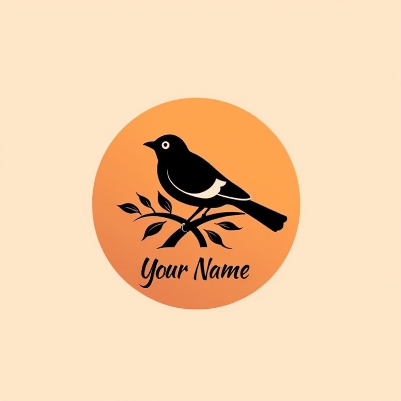 black and white logo,bird perched on a branch with leaves,"your name" in cursive font below,minimalist style,clean lines,geometric shapes,black,white,orange colors,gradient orange and brown background,natural light from top left,soft shadows,<lora:印纹(2):1>,