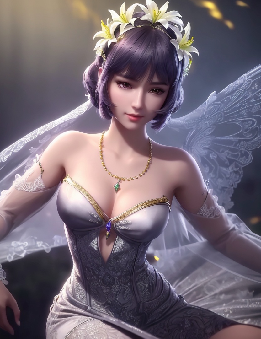 ultra realistic 8k cg, picture-perfect face, flawless, clean, masterpiece, professional artwork, famous artwork, cinematic lighting, cinematic bloom, perfect face, beautiful face, fantasy, dreamlike, unreal, science fiction,   lace, lace trim, lace-trimmed legwear,  (rich:1.4), prestige, luxury, jewelry, diamond, gold, pearl, gem, sapphire, ruby, emerald, intricate detail, delicate pattern, charming, alluring, seductive, erotic, enchanting, hair ornament, necklace, earrings, bracelet, armlet,halo((,1girl, pov,))  ((, 1girl, solo, star_\(symbol\),lily \(flower\),hair flower, dress, jewelry))<lora:DA_BaiChenXiang:0.6>