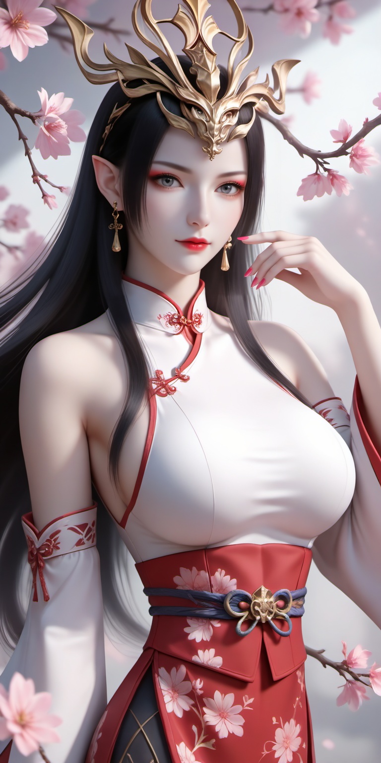 score_9,score_8_up,score_7_up,source_anime,Close-up details,realistic style photo young woman,red eyeshadow,red lipstick,long hair,black hair,earrings,pointy ears,grey eyes,crown,<lora:美杜莎女王0.0741:0.6>,meidusha,1girl,breasts,solo,sideboob,detached sleeves,large breasts,japanese clothes,wide sleeves,cherry blossoms,bare shoulders,jewelry,floral print,blurry,earrings,sleeveless,pink nails,blurry background,long sleeves,white sleeves,sash,skirt,hand up,nontraditional miko,red skirt,obi,branch,9,whirls of vapor,iridescent textures,(Anime:1.1),soft neon light,ethereal ambiance,delicate details,magical atmosphere,concept art,highly detailed,ultra-high resolution,32K UHD,sharp focus,best-quality,masterpiece,golden hour,unconventional supreme masterpiece,masterful details,temperate atmosphere,with a high-end texture,in the style of fashion photography,cover,Dynamic Angle,Dynamic posture,cover,Dynamic Angle,Dynamic posture,Printed cheongsam,A shot with tension,(Visual impact,giving the poster a dynamic and visually striking appearance:1.2),impactful picture,(masterpiece, best quality:1.2),offcial art,colorful,splash of color,movie perspective,advertising style,