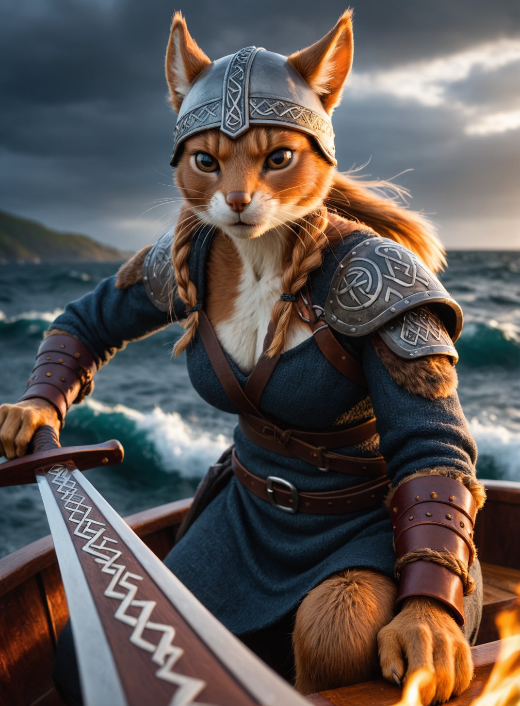 Closeup photo of an anthro viking,  squirrel female on his boat ,  epic pose on Tensor.Art
