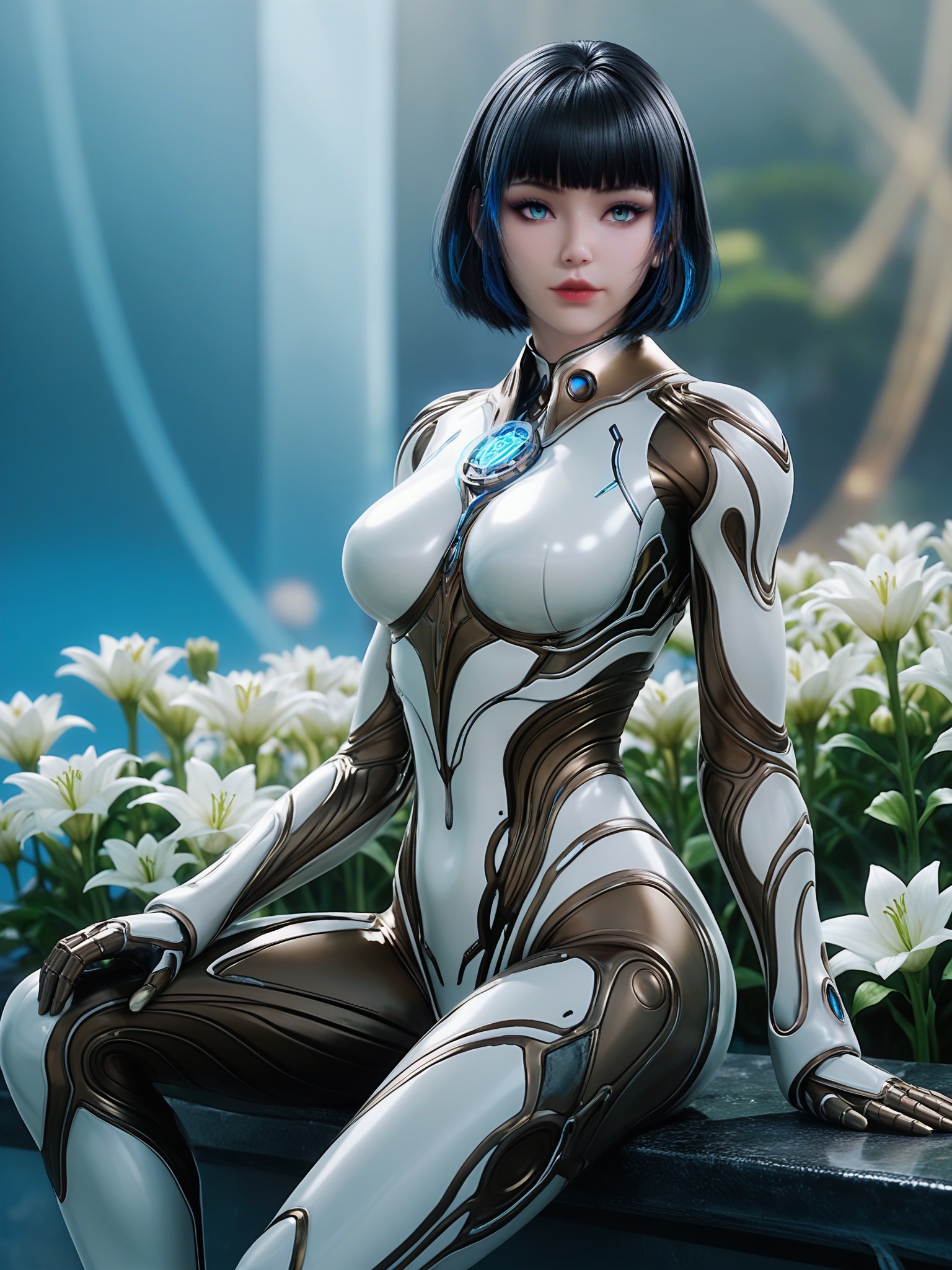 score_9_up,1girl,solo,best quality,aesthetic,detailed,white flower,lily \(flower\),daisy,wire,leaf,bug,sitting,<lora:吞噬星空-姬青Pony:0.6>,short,straight black hair with bangs,blue irises,wearing a sleek,metallic body suit that is predominantly white with gold accents and blue highlights,