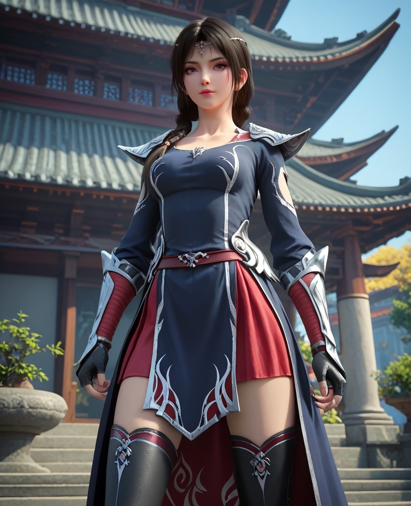 (oriental architecture, elegant decor, sophisticated style:1.1),Standing with legs apart, arms folded across the chest,(breasts:1.2),<,,<lora:XL16大主宰安然:0.95>,miss anran, blue gray peplum dress, red petticoat, purple eyes, circlet, black hair, braid, long hair, pauldrons, fingerless gauntlet, black high-heeled thigh boots,, zPDXL2, score_9, score_8_up, score_7_up BREAK realistic, masterpiece,best quality, highly detailed,, zPDXL3, zPDXL2,zPDXL, zPDXLxxx, zPDXLrl,