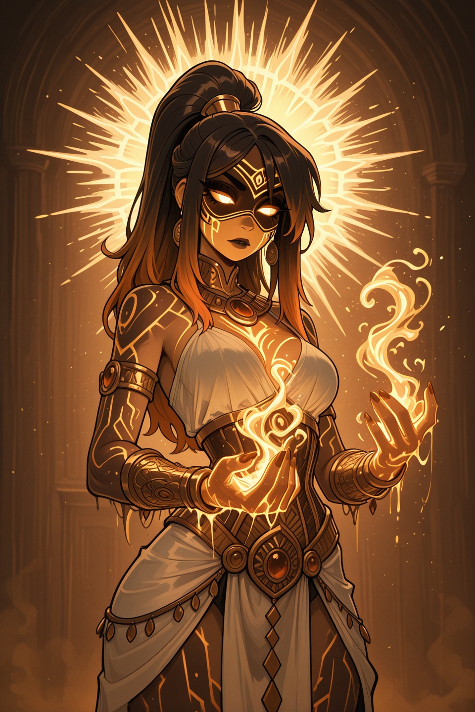gothcartoonStyle,  the stage is lit by a soft golden light,  casting eerie shadows on the faces of the girl bracersed in a...