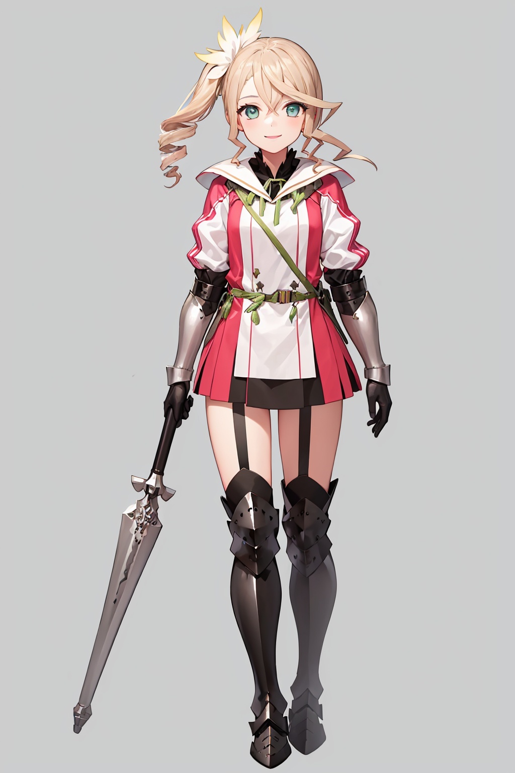 masterpiece,best quality, highly detailed, alisha diphda,1girl, solo, side ponytail, full body, armored boots, greaves, gauntlets, thighhighs, white background, smile, grey footwear, gloves, knee boots, garter straps,<lora:alisha_diphda:1>