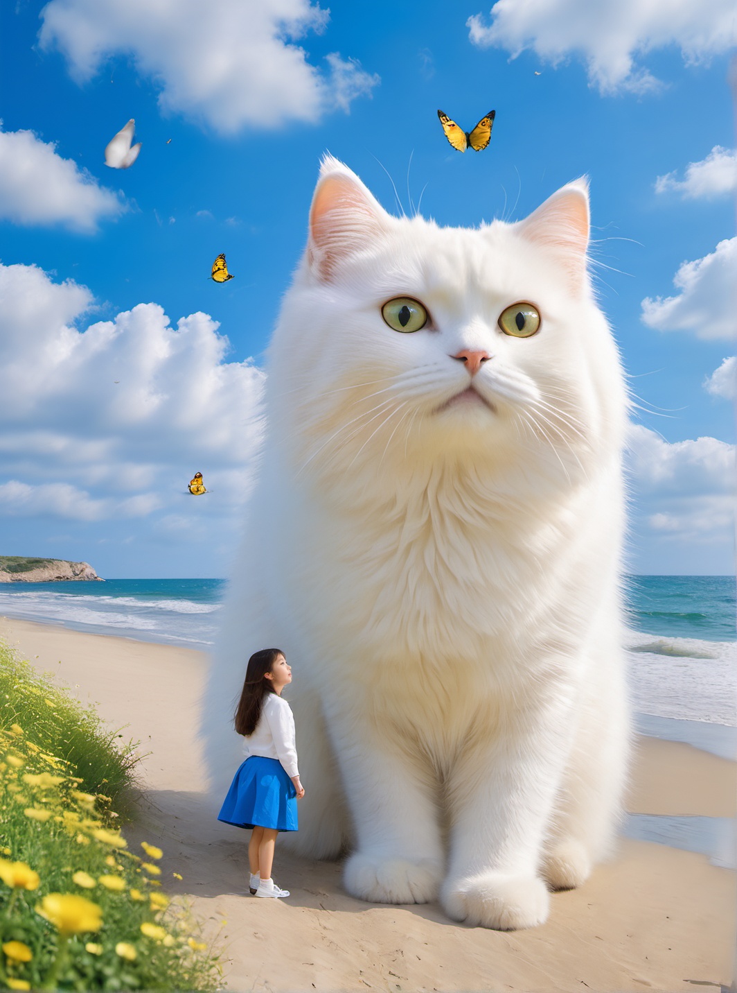 <lora:white cat 过拟V1.0-0008:0.7>,large white cat,a young girl,at the seaside,, (masterpiece, best quality, highres:1.2),