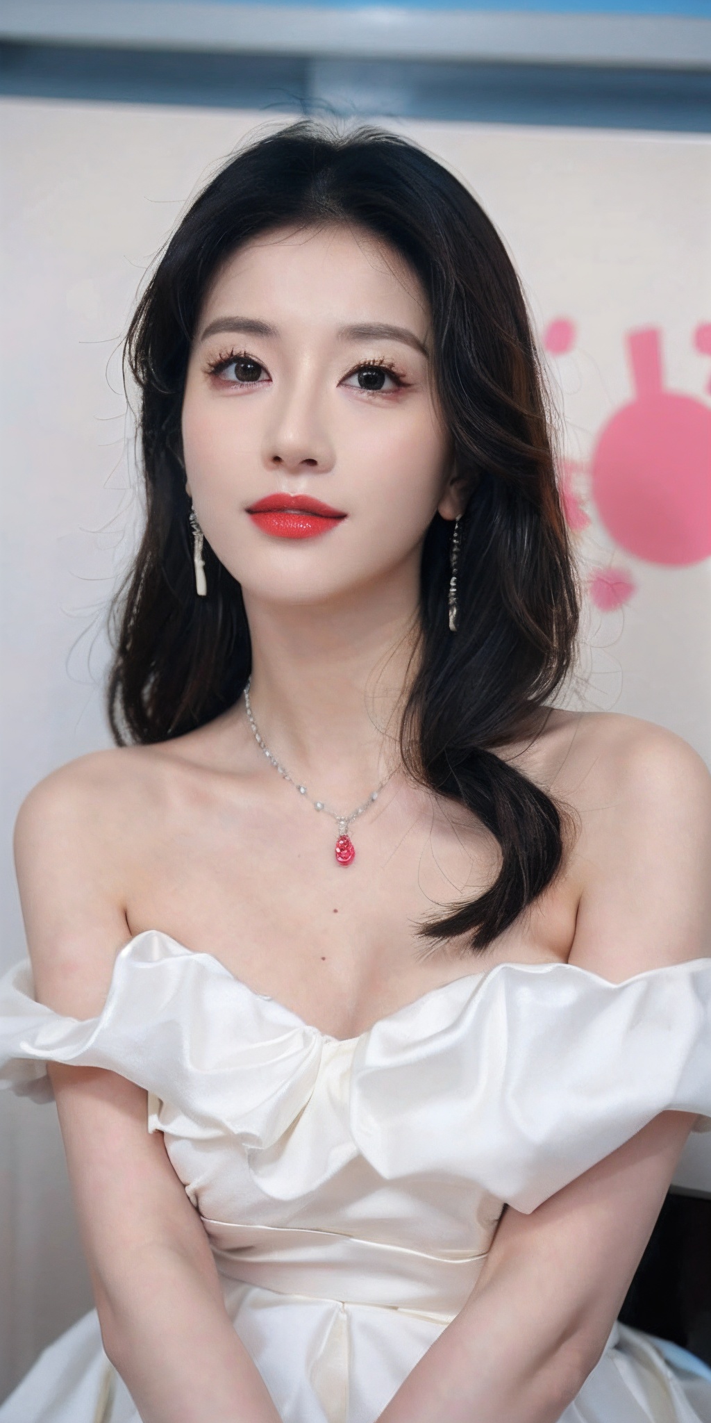 Canon RF85mm f/1.2,best quality,portrait,1 girl,(korean mixed,kpop idol:1.2),(long_brown_wavy_hair),(lipstick,red lips,pink_shiny_lips,pinkeyeshadow,eyelashes,powder blusher,make-up),white_shiny_skin,black eyes,necklace,earrings,shiny,Pore,skin texture,bracelet,big breasts,sea background,smile,Half body photo,