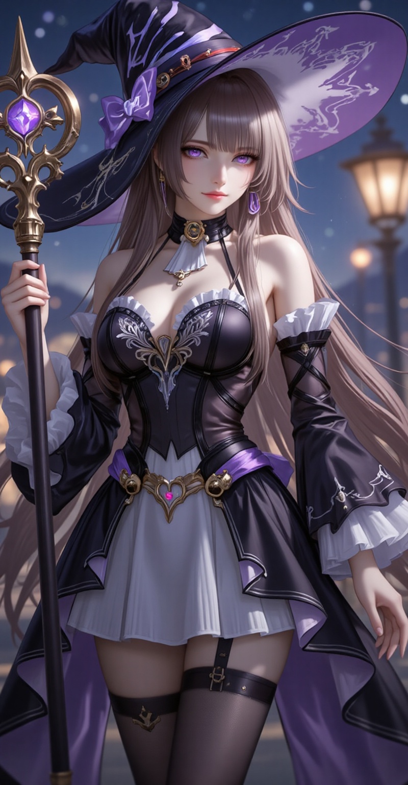 lvjing,baoshi,lvjing,daheita,1girl,hat,long hair,holding,detached sleeves,brown hair,witch hat,purple eyes,staff,holding_staff,dress,thigh strap,looking at viewer,bare shoulders,night,solo,standing,train,breasts,15,cover,simple background,gradient_background,Close-up details,outstanding style,adding a touch of dimension to your images without compromising details,close-up,