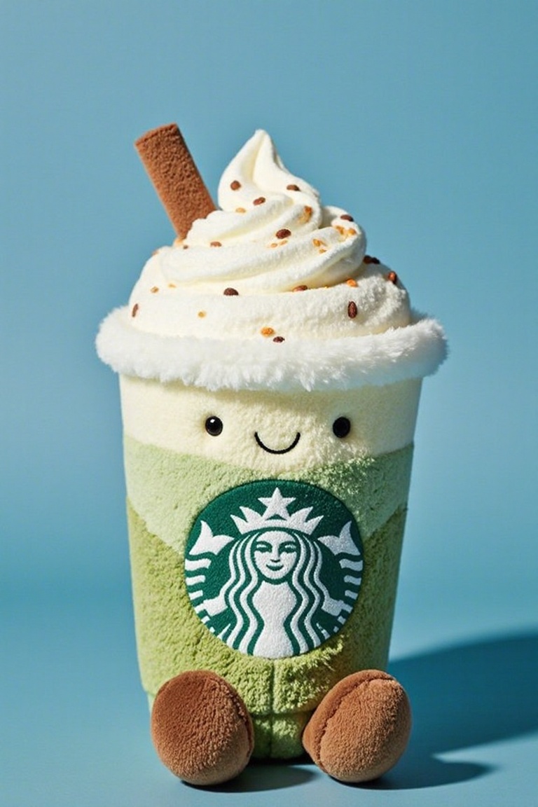 plush style,solo,looking at viewer,personification,jellycat style,smile,simple background,sitting,food,cup,no humans,shadow,blue background,drinking straw,ice cream,food focus,the whole presents a cute and lovely style,solid dark background,1 cup starbucks matcha frappucinol milk tea,<lora:models/4416/0288affc.safetensors:0.8:0.8>