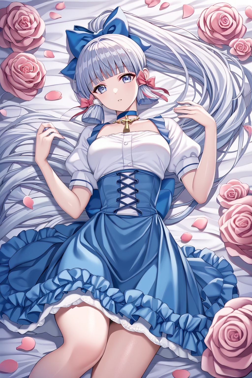 score_9,score_8_up,score_7_up,score_6_up,score_5_up,score_4_up,source_anime,source_cartoon,<lora:kamisato ayakaTponyXL-000008:1>,kamisato ayaka, 1girl, solo, flower, short sleeves, grey eyes, bow, rose, skirt, long hair, lying, on back, blunt bangs, looking at viewer, puffy sleeves, shirt, white shirt, hair bow, pink flower, parted lips, blunt tresses, puffy short sleeves, breasts, blue bow, ponytail, pink rose, alternate costume, grey hair, choker, frills, high-waist skirt, hand up, feet out of frame, ribbon, hair ribbon, cross-laced clothes, blue choker, tress ribbon, blue skirt, sidelocks, grey hair, medium breasts, petals, grey hair
