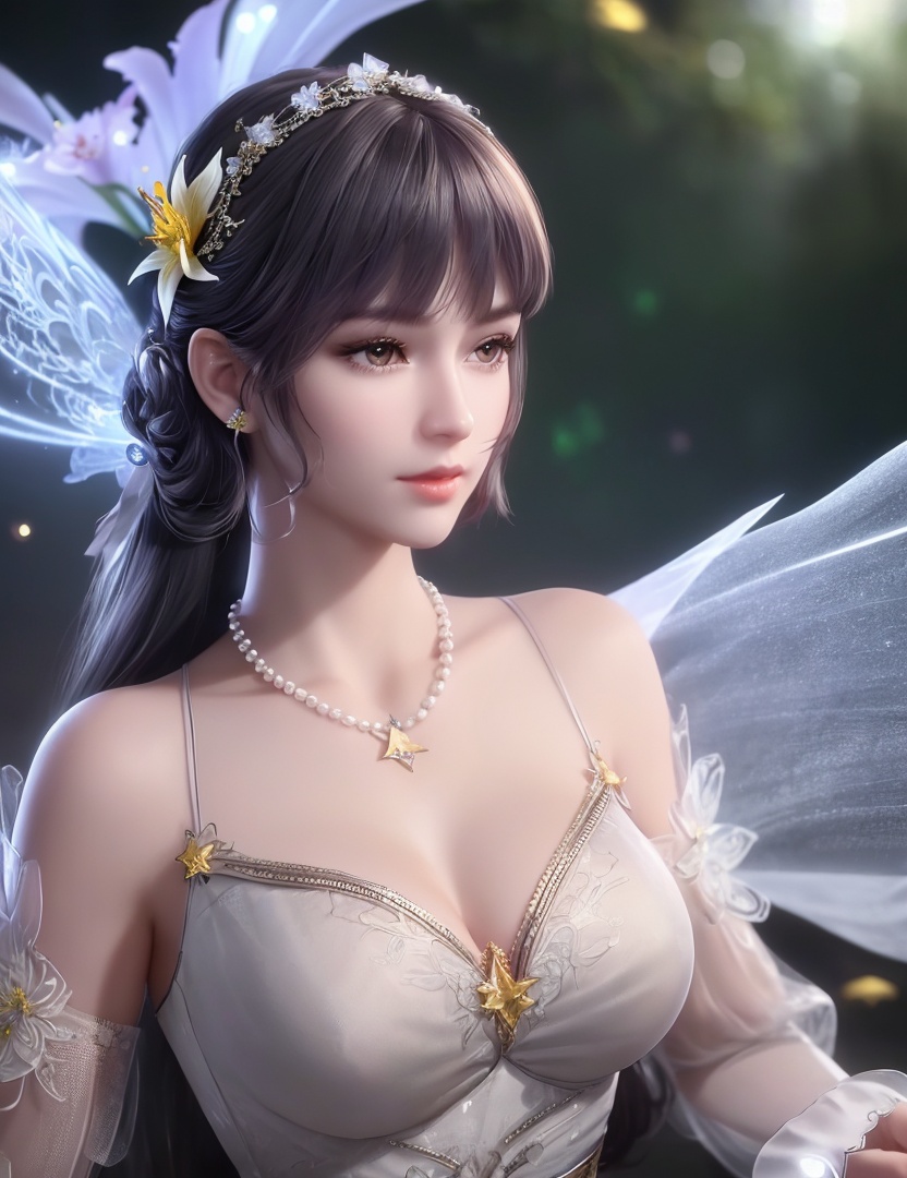 ultra realistic 8k cg, picture-perfect face, flawless, clean, masterpiece, professional artwork, famous artwork, cinematic lighting, cinematic bloom, perfect face, beautiful face, fantasy, dreamlike, unreal, science fiction,   lace, lace trim, lace-trimmed legwear,  (rich:1.4), prestige, luxury, jewelry, diamond, gold, pearl, gem, sapphire, ruby, emerald, intricate detail, delicate pattern, charming, alluring, seductive, erotic, enchanting, hair ornament, necklace, earrings, bracelet, armlet,halo((,1girl, pov,))  ((, 1girl, solo, star_\(symbol\),lily \(flower\),hair flower, dress, jewelry))<lora:DA_BaiChenXiang:0.6>