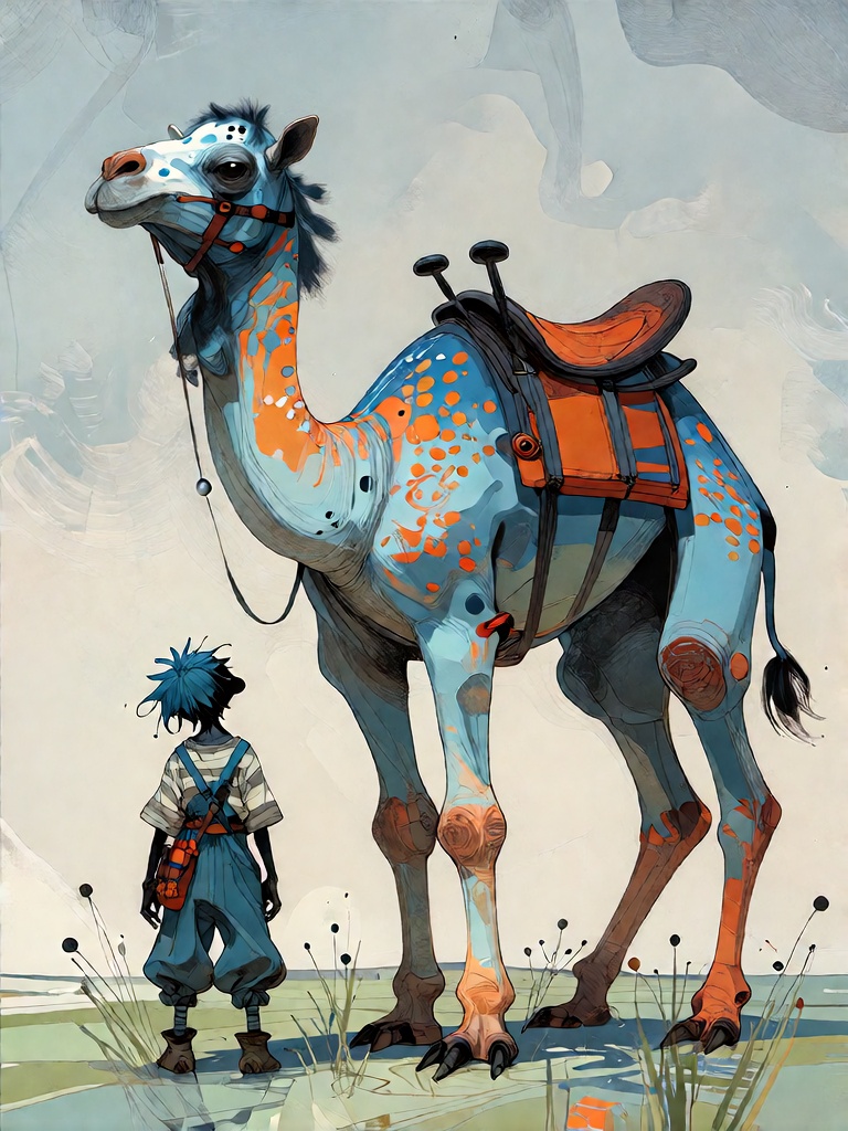 Bradhamel art style. A stylized illustration of a large,  fantastical camel-like creature with a blue and orange spotted b...