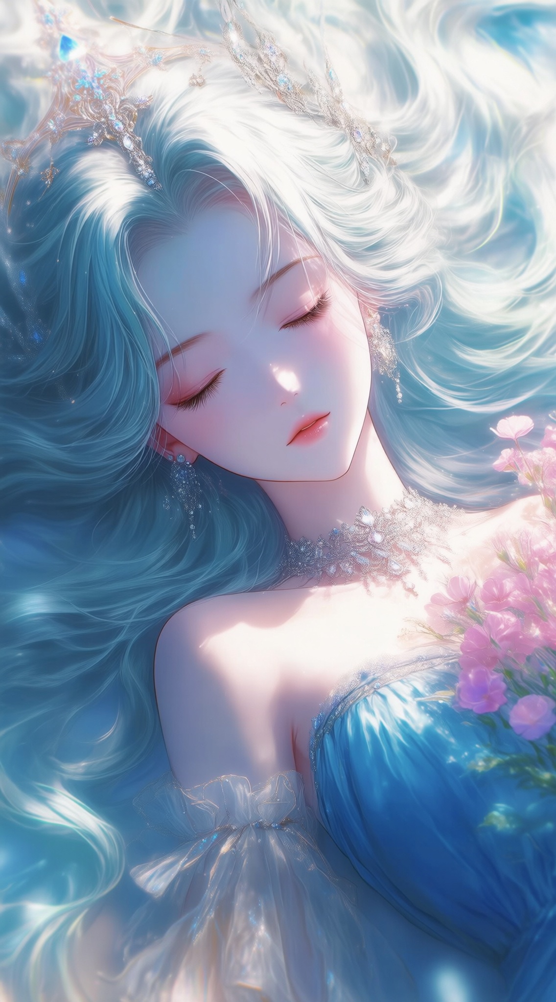 a digital illustration shoot from a close-up camera angle about a beautiful, ethereal woman with long, flowing, light blue hair adorned with sparkling accessories, surrounded by flowers, the image also shows a serene and dreamy atmosphere, on the middle of the image, a young woman appears to be lying down, with her upper body facing the viewer, she is wearing a blue strapless dress with intricate details and a delicate, ornate headpiece adorned with jewels, her hair is long and flowing, with a light blue hue, and her eyes are closed, giving a peaceful expression, her lips are slightly parted, and she is holding a bouquet of pink flowers in her right hand, the background is a soft, dreamy blue color, and the lighting is soft and ethereal, creating a sense of calmness and serenity,, Negative prompt: ng_deepnegative_v1_75t,(badhandv4:1.2),EasyNegative,(worst quality:2),,nsfw, Steps: 30, Sampler: Euler, CFG scale: 4.0, Seed: 3709487209, Size: 1142x2048, Model hash: 98763a1277, Model: Qwen-Image_1.0.safetensors, Denoising strength: 0, RNG: CPU, Lora 1: ZOZ_漫梦琉璃05~QWEN, Lora Hash 1: 5b64907f40, Lora Weight 1: 0.8, vae_name: automatic