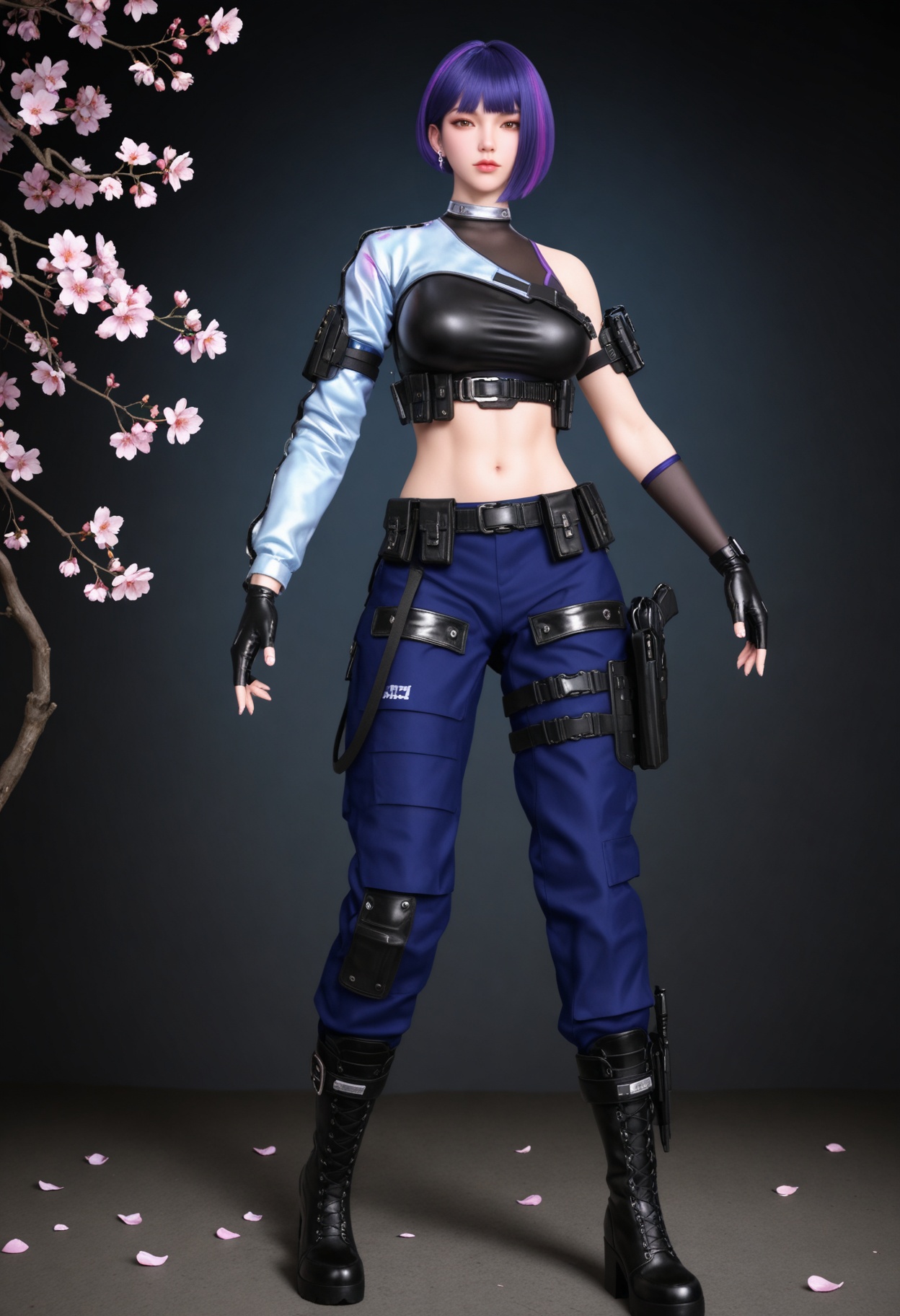 (full_body:1.2),(gigantic breasts:0.6),Perky boobs,(looking at viewer:1.1),facing viewer,direct gaze,(masterpiece:1.1),(best quality:1.2),(intricate details),(smog:1.3),(Dark room:1.3),(dim lighting:1.3),peach blossom,falling petals,<lora:YQ_Illustrious光辉v5_雨墨_V1:0.8>,1girl,q1528437228,solo,short hair,purple hair,crop top,gloves,pants,belt,boots,holster,blunt bangs,police uniform,multicolored hair,jewelry,earrings,belt pouch,brown eyes,knee pads,thigh holster,masterpiece,(best quality),(intricate details:0.9) BREAK (intricate details:0.9),(realistic skin:1.2),masterpiece,best quality,newest,absurdres,hiahres,