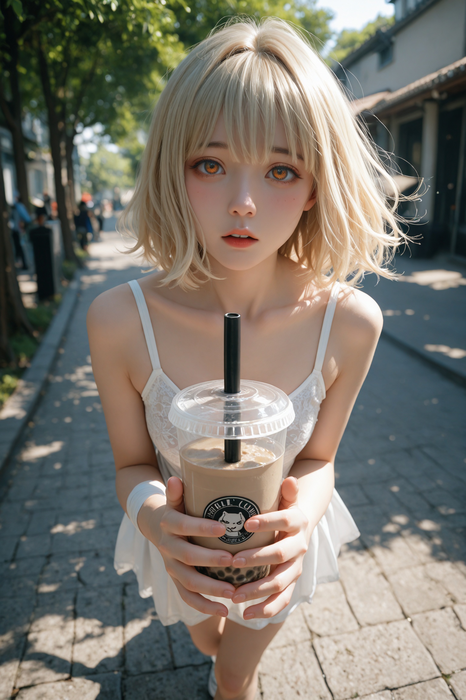 (yoneyama mai:1.16),(artist ciloranko:1.05),zhibuji loom,(fuzichoco:0.86),(rella:1.1),(konya karasue:1.1),(hagimorijia:1.05),wlop,7481llu,1girl,solo,bandage on left wrist,long wavy hair,blonde hair,small breasts,orange eyes,light skin,bangs between eyes,front view,blush,close up,eyes focused,collarbone,parted lips,serafuku,holding bubble tea,drinking,walking,dappled sunlight,lens flare,indicate details,blurry background,shadow,vignetting,depth of field,blurry foreground,foreground,depth of field,Blurred periphery,masterpiece,best quality,ultra detailed,high resolution,(((8K))),((UHD, 4K)),intricate details,highly detailed,intricate,fine details,sharp,crisp,clear,masterpiece,best quality,amazing quality,lazyposabsurdres,newest,very aesthetic,highres,lazyup,high detail,subtle,high contrast,colorful depth,chiaroscuro,impasto,(shallow depth of field:1.4),(foreshortening:1.4),