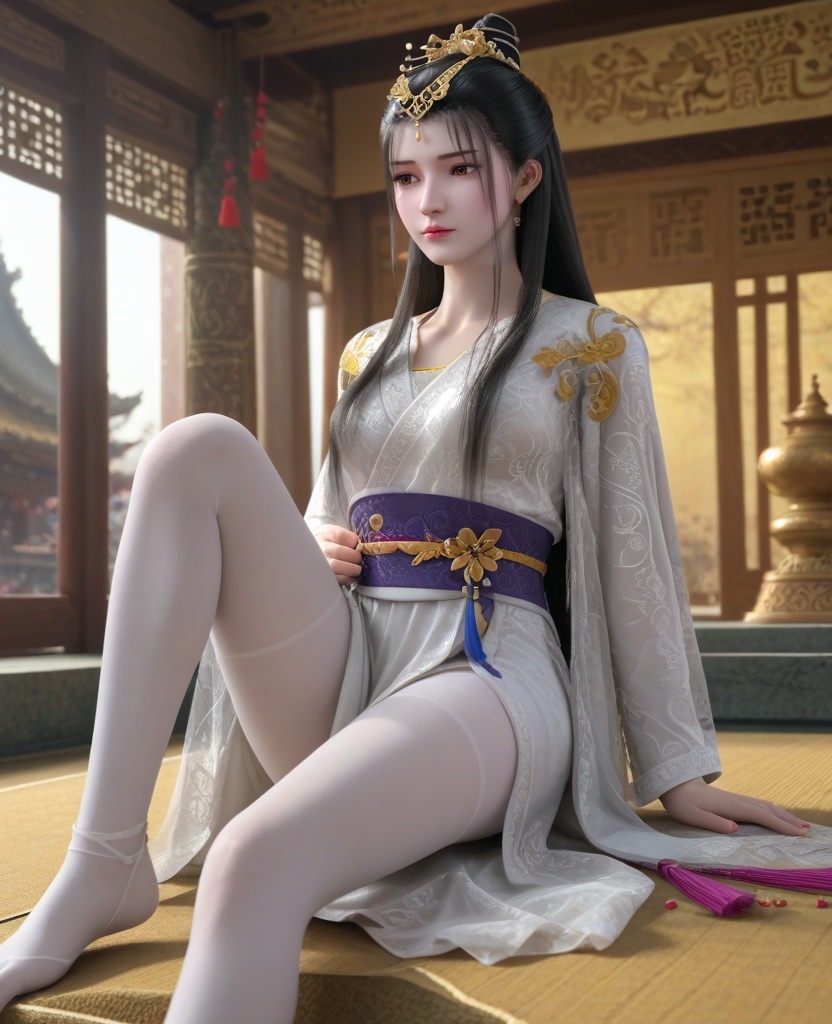 (oriental architecture, elegant decor, sophisticated style:1.1),(Sitting, cross-legged, on the floor, looking away,:1.1),(breasts:1.2),<lora:XL墓王之王千亦膤:0.95>,miss qianyixue,white dress with embroidery,brown eyes,black hair,long hair,traditional chinese updo with long front strands,jewelry,see-through coat,sash,white pantyhose with embroidery,, score_9,score_8_up,score_7_up,score_6_up,score_5_up,score_4_up,3d rendering,tag1,tag2, Cinematic Lighting,backlighting,