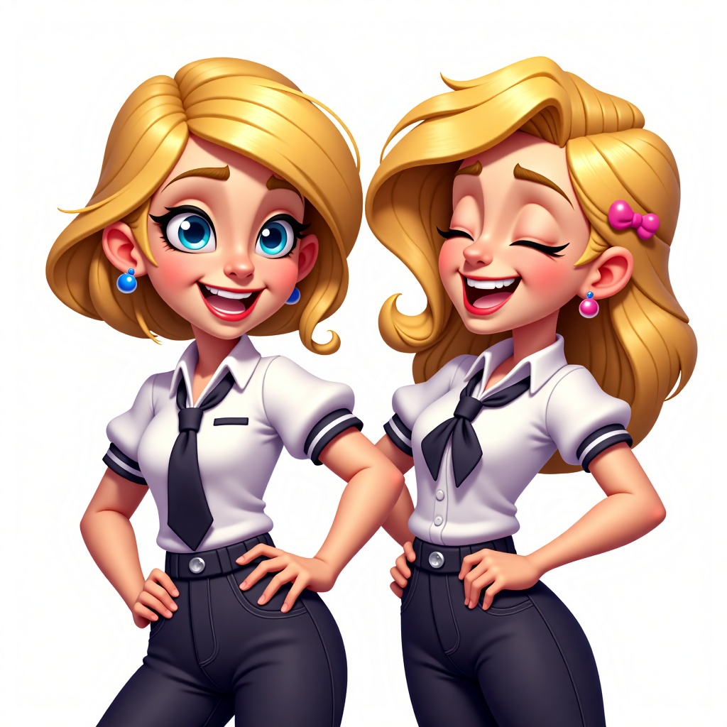 XJrole,XJrole,European and American cartoon style.,a bunch of two girls dressed in the same outfit,one cracking and one laughing.,bust,