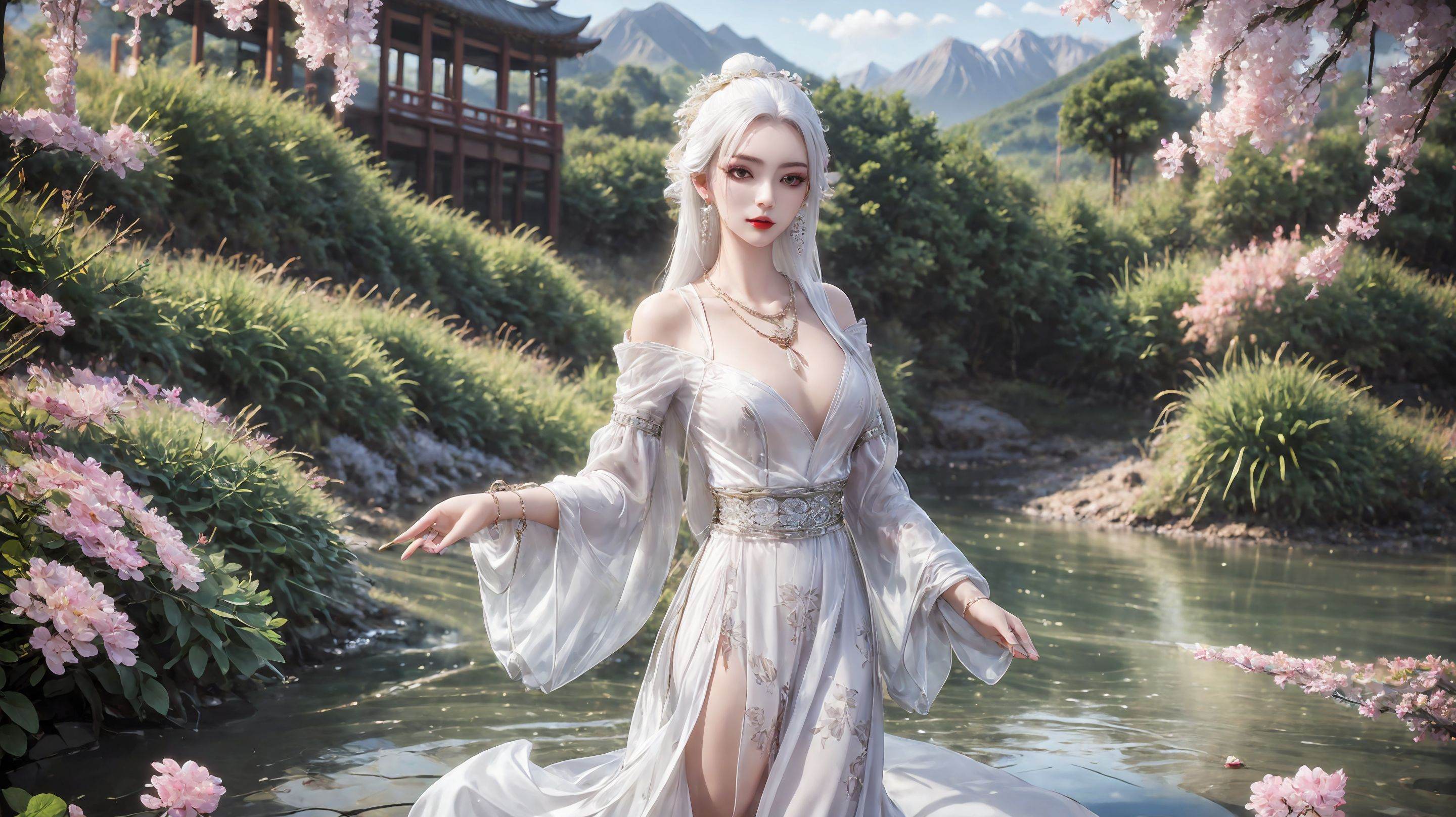 1girl,umbrella,solo,dress,white dress,holding umbrella,jewelry,long hair,holding,outdoors,chinese clothes,mountain,earrings,necklace,long sleeves,white hair,<lora:girl miaojiangxiaobai_20240912173536:0.7>,